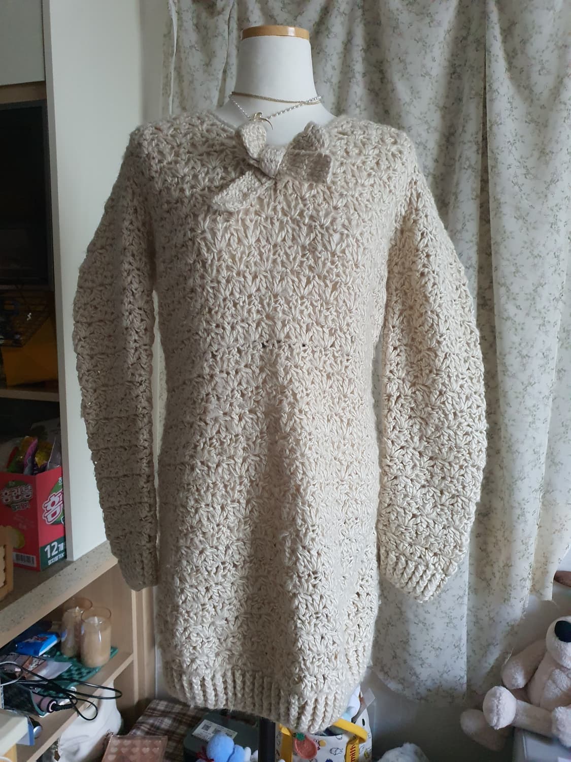 [빈티지] 아이보리 리본 니트 롱 원피스 상품이미지1