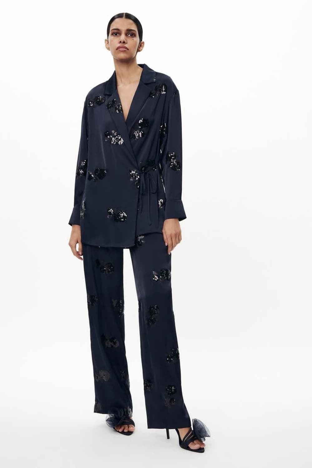 zara 자라 스팽클 새틴 네이비 와이드 스트랩 블레이져 자켓 M 새상품 상품이미지3