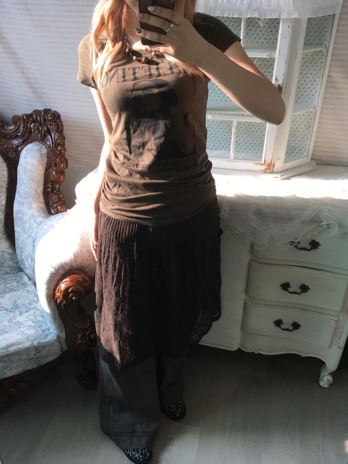 빈티지 브라운 레이스 레이어드 스커트 상품이미지1