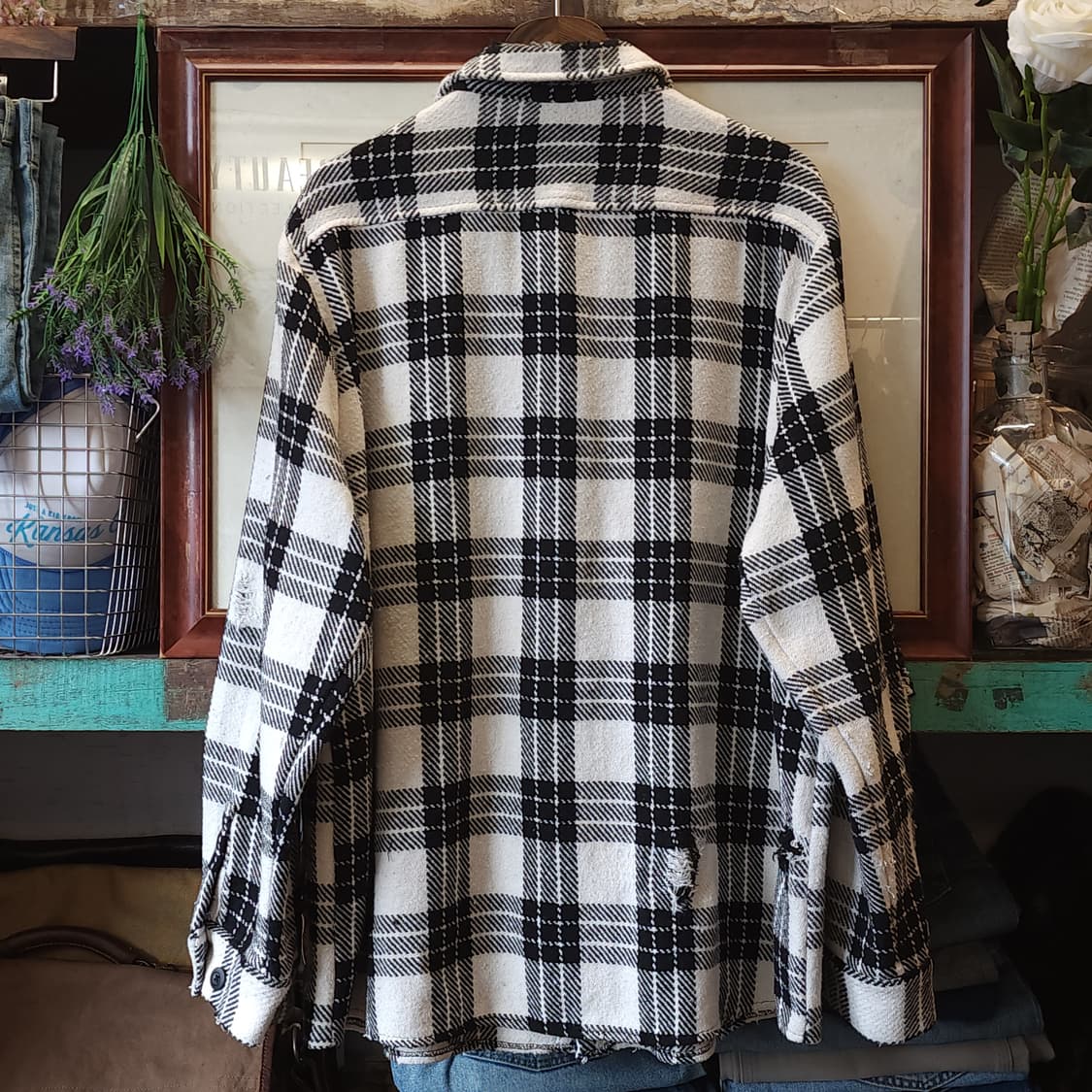 90s 빈티지 체크셔츠 헤비 플란넬 워크셔츠 데미지 블랙앤화이트 xl 상품이미지2