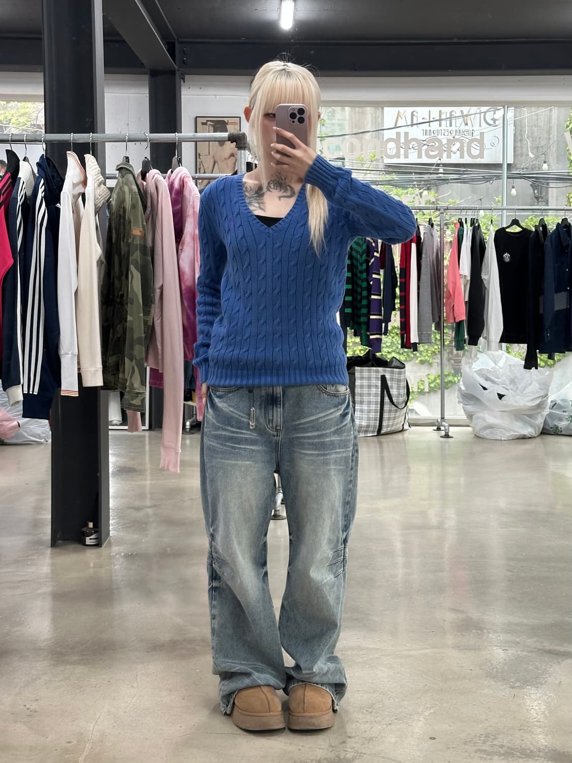 폴로 랄프로렌 브이넥 케이블 꽈배기 블루 니트 상품이미지2