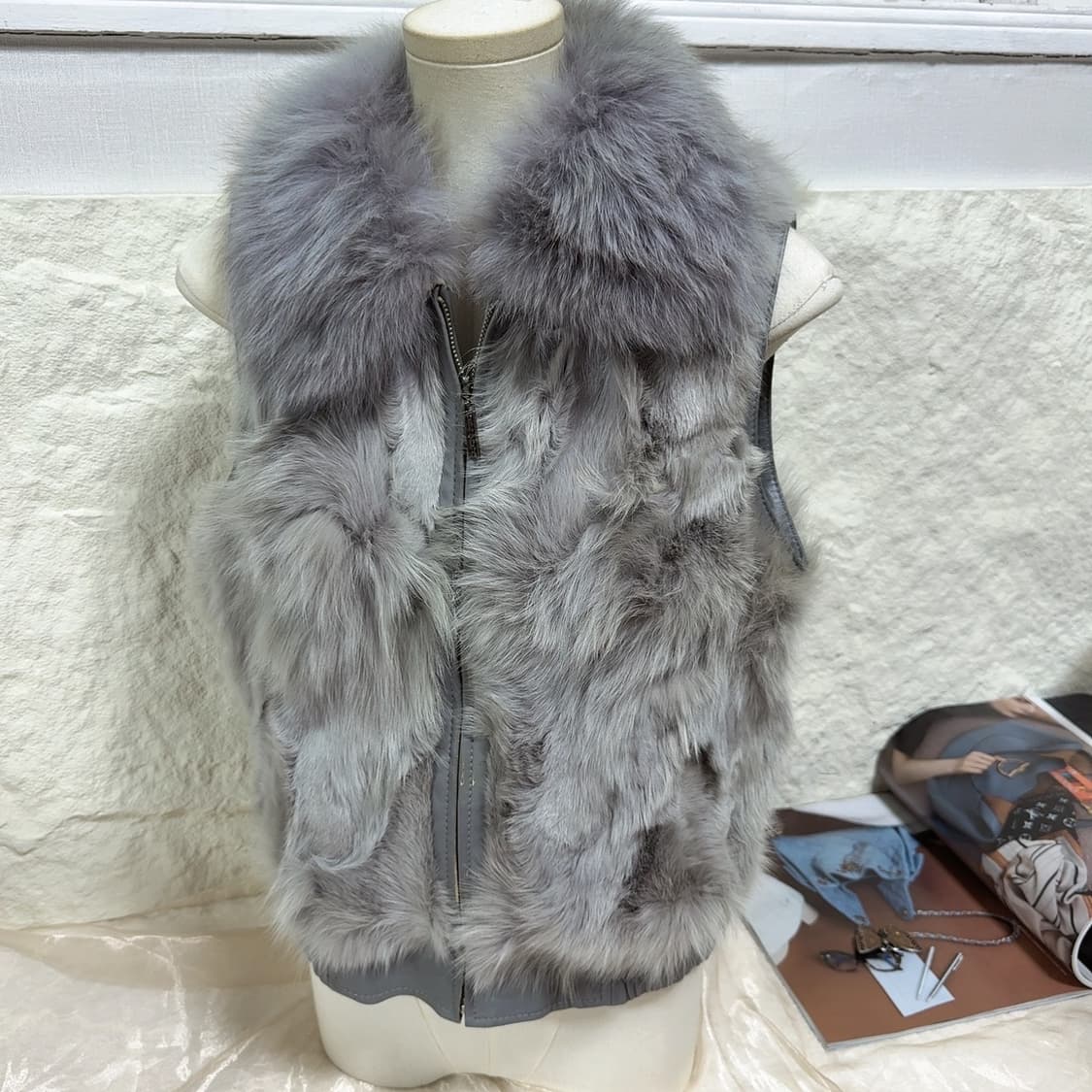 빈티지 그레이 여우털 폭스퍼 양가죽 조끼 베스트 상품이미지1