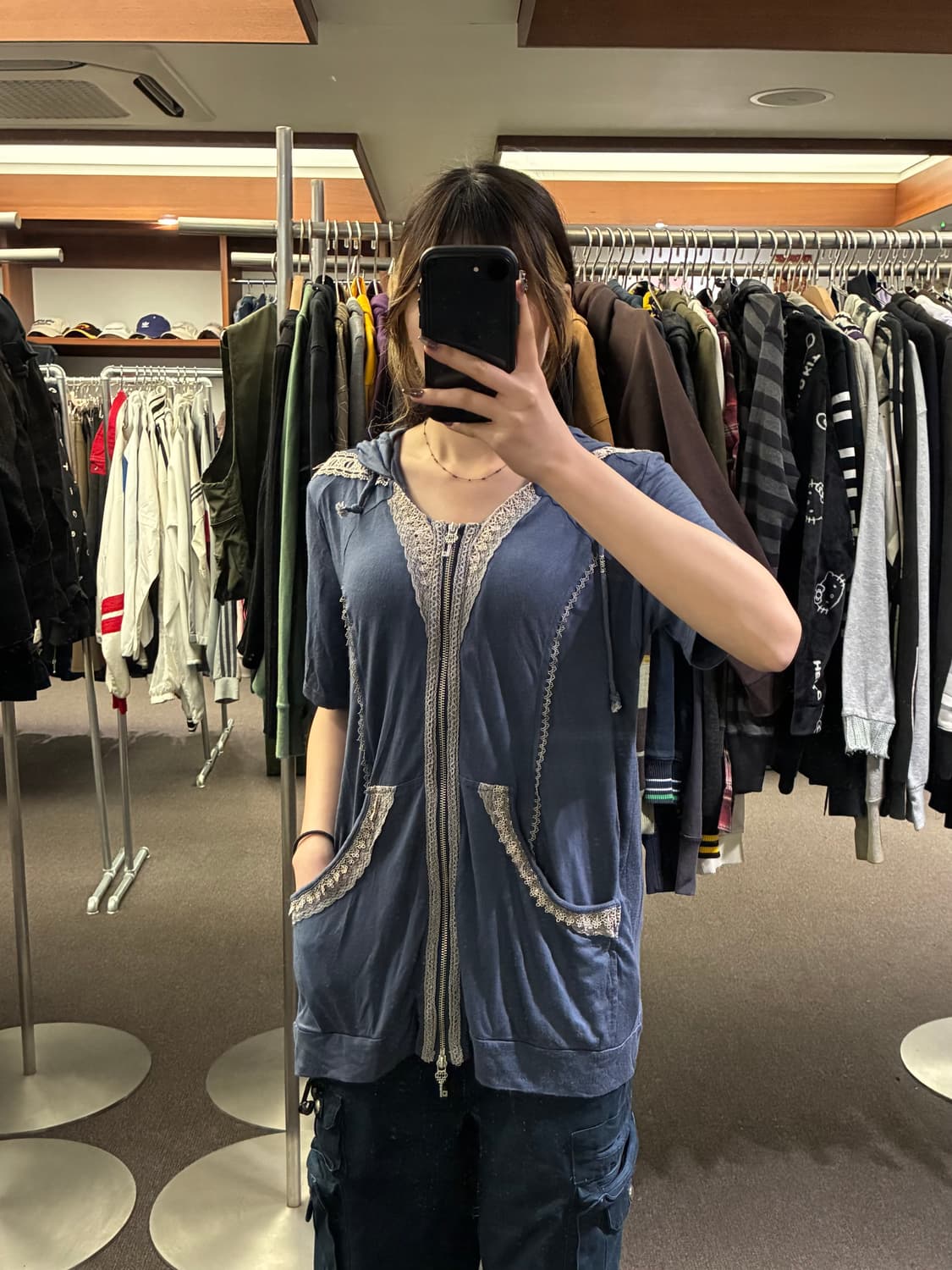 OS)Ozz Angero 빈티지 여성 레이스 디테일 반팔 후드집업 상품이미지2