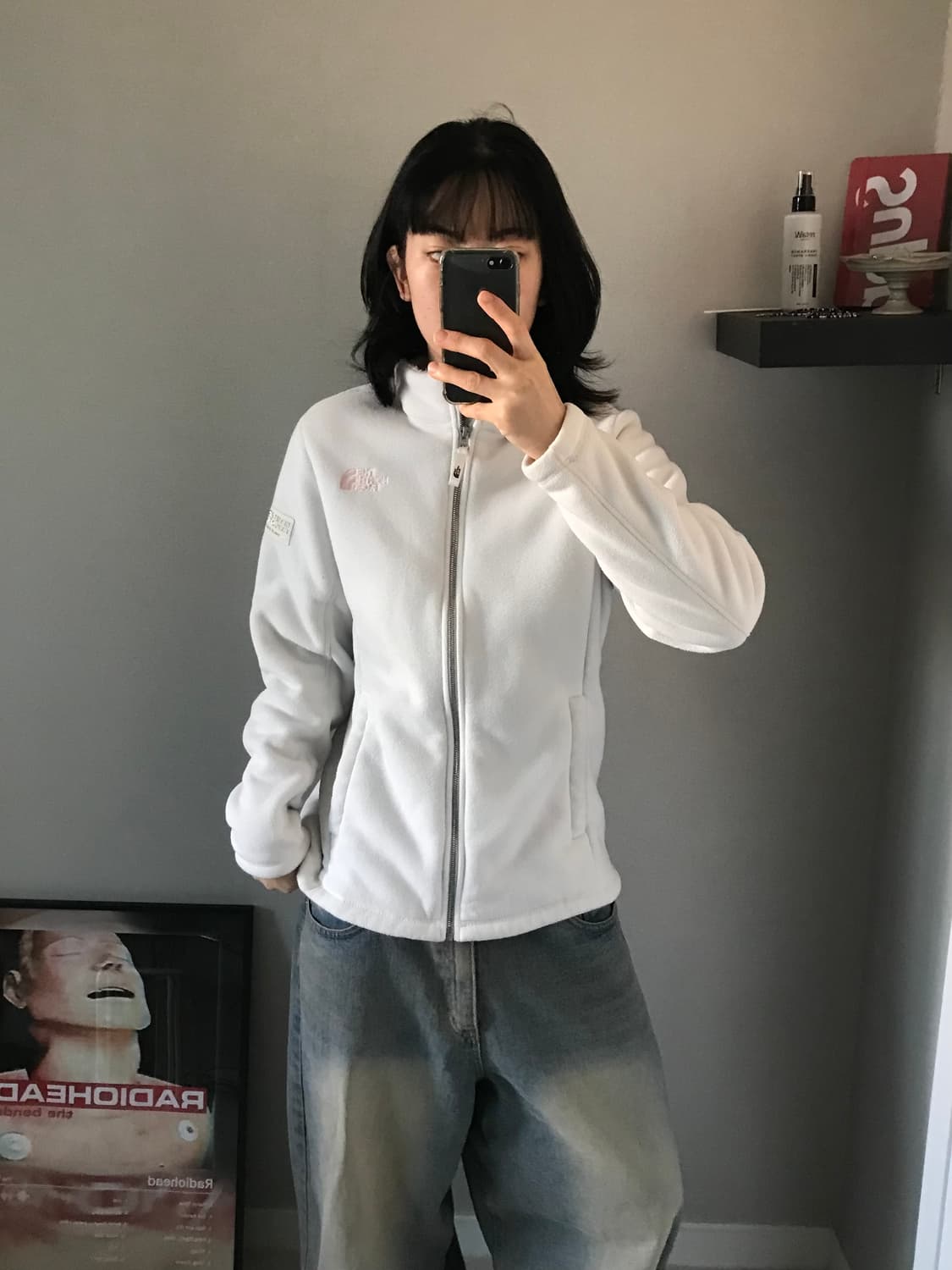 노스페이스 화이트라벨 핑크 로고 화이트 플리스 집업 상품이미지1