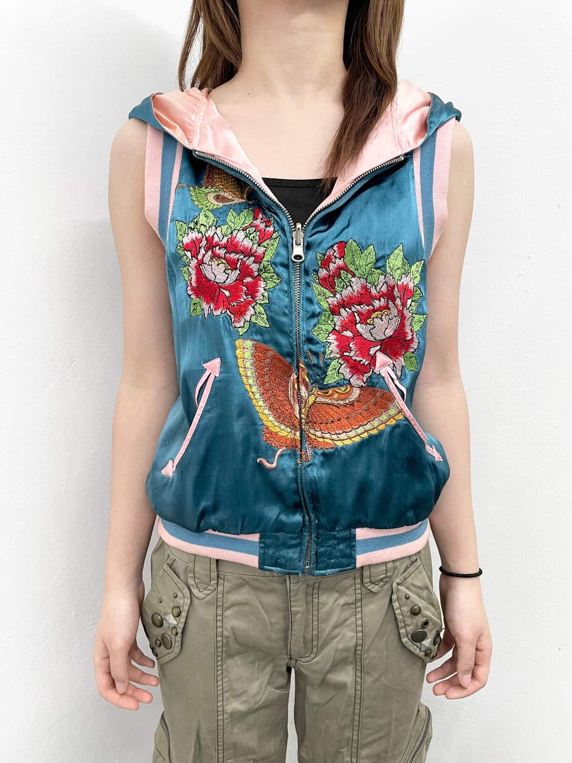 JPN 새틴 오리엔탈 자수 후드 베스트 스카잔*레어 상품이미지1