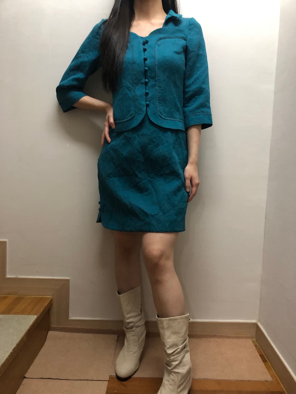 빈티지 청록 오리엔탈 자카드 원피스 상품이미지4