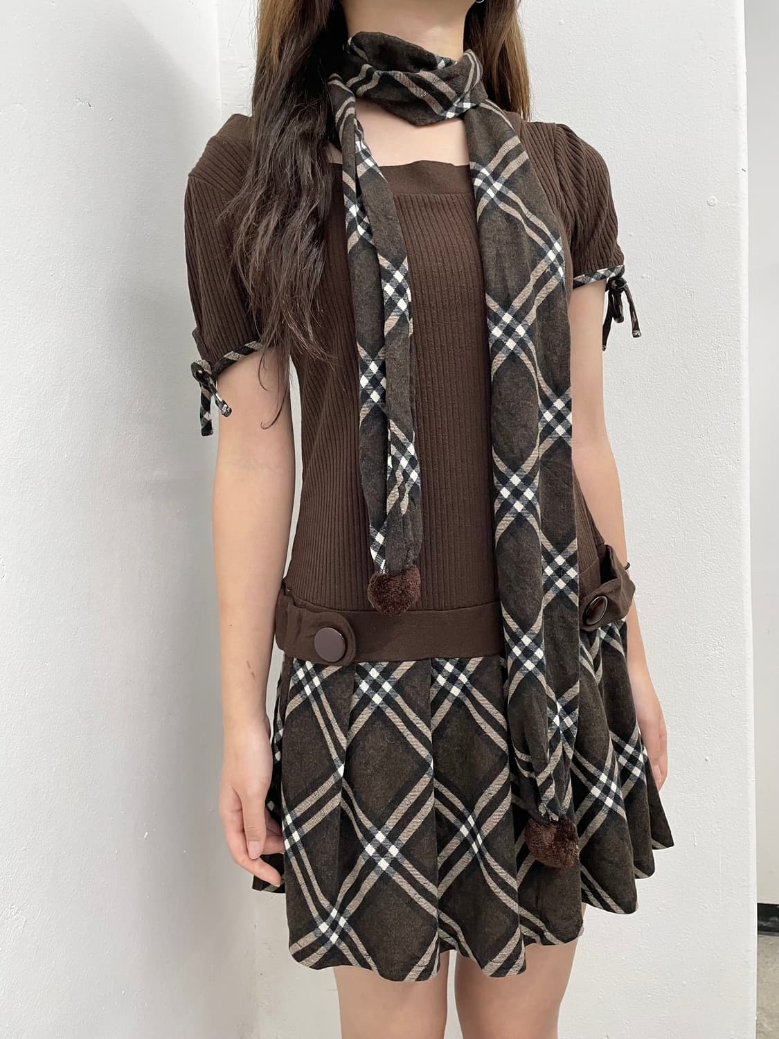 라떼갸루 체크 플리츠 원피스 머플러 세트*레어 상품이미지5