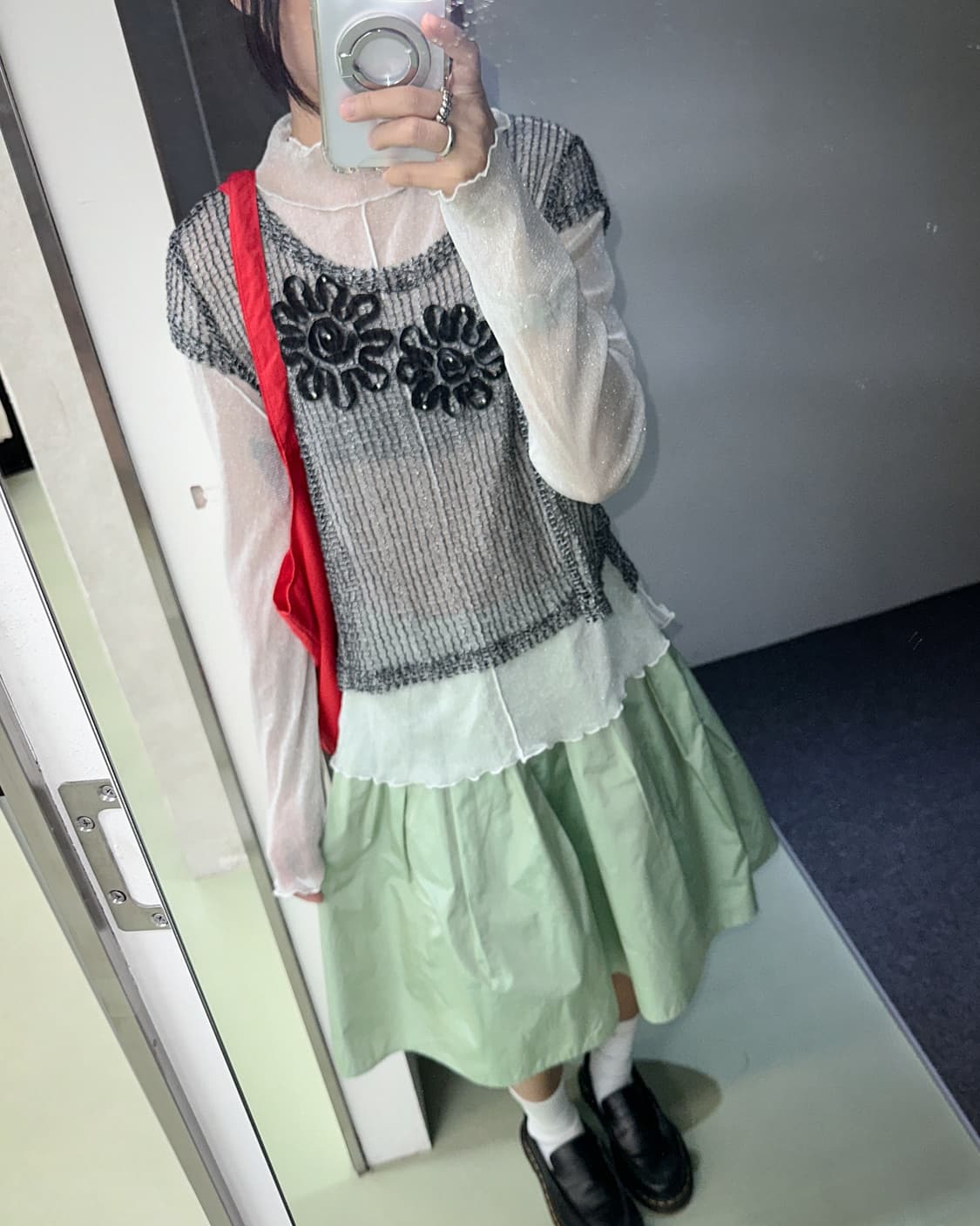 flower net top + silver seethrough top 상품이미지3