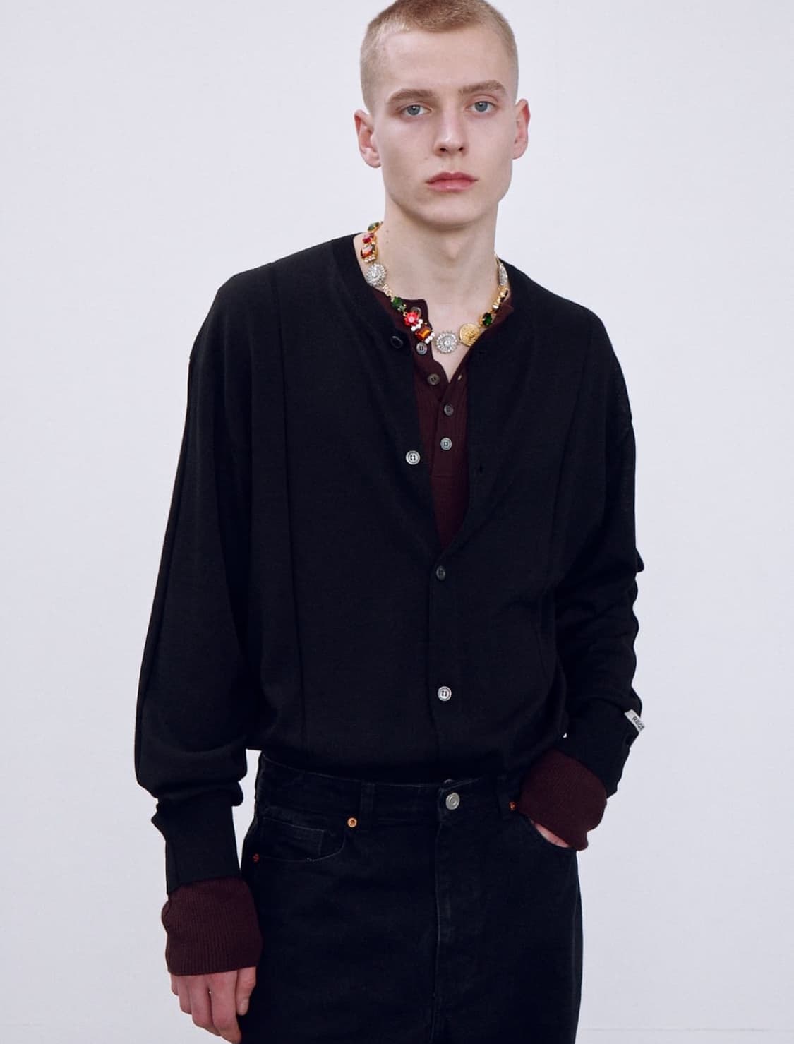 [새상품] 렉토 RC 로고 자카드 패치 시어 니트 가디건 블랙 상품이미지2