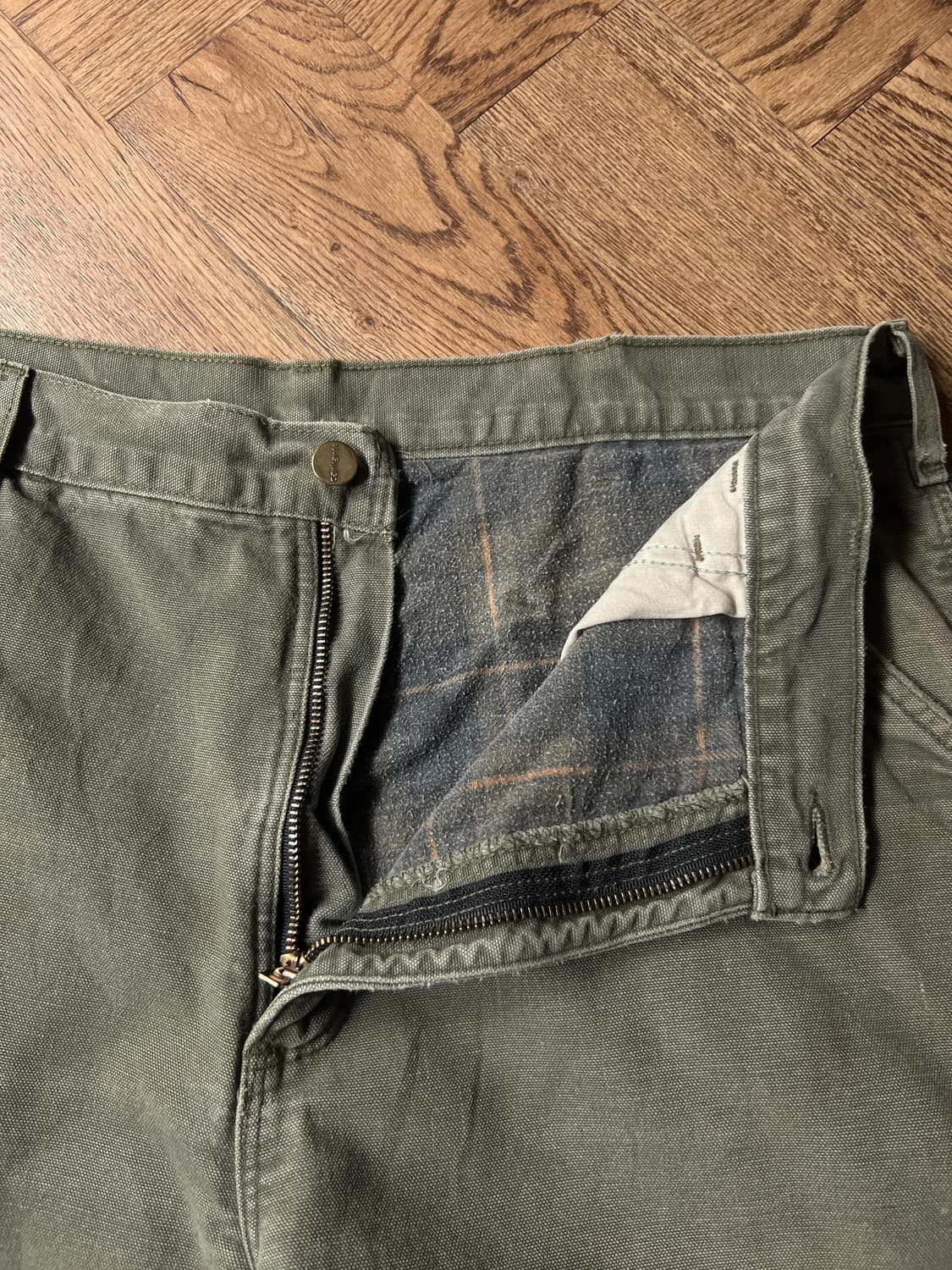 [36]칼하트 USAMade 더티워싱 모스그린 싱글니 체크라이닝 워크팬츠 상품이미지3