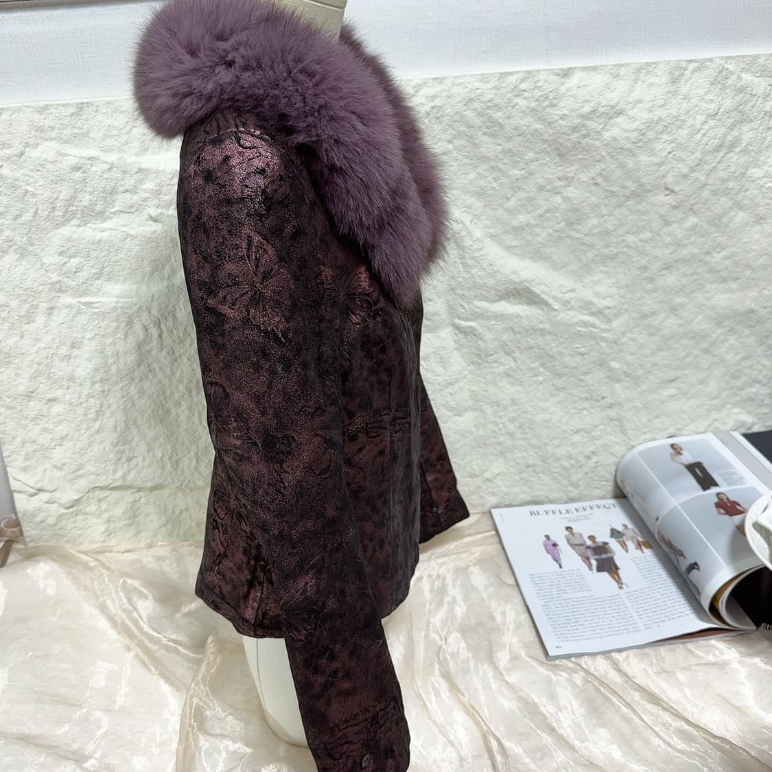 빈티지 다크 퍼플 폭스퍼 칼라 나비 되지가죽자켓 상품이미지2