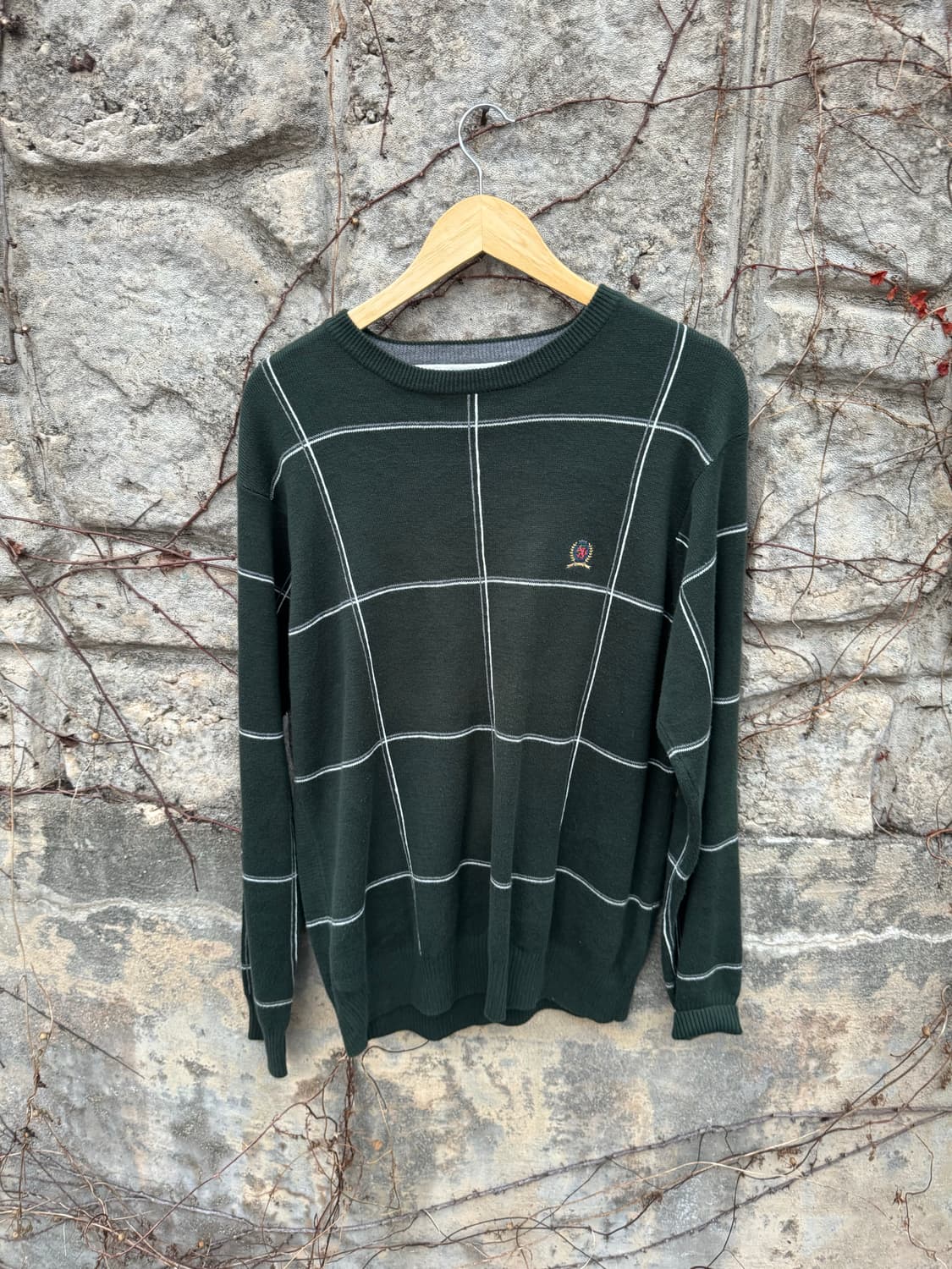 타미힐피거 빈티지 헤비 코튼 자수 로고 프레피룩 체크 패턴 니트 그린 m 상품이미지1