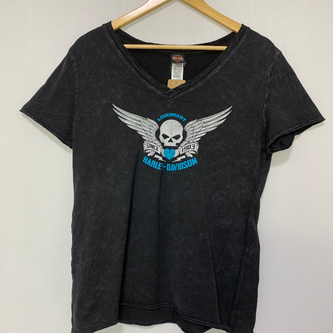 할리데이비슨 빈티지 반팔 티셔츠 스컬 프린팅 워싱 차콜 브이넥 L 상품이미지2