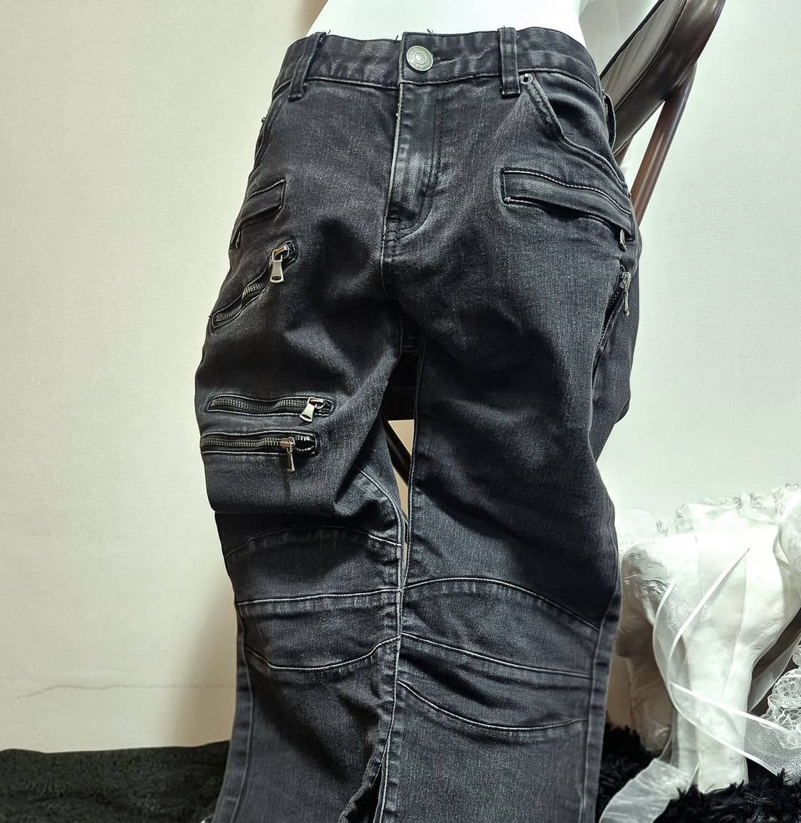 빈티지 지퍼디테일 펑크 블랙 데님팬츠 상품이미지1