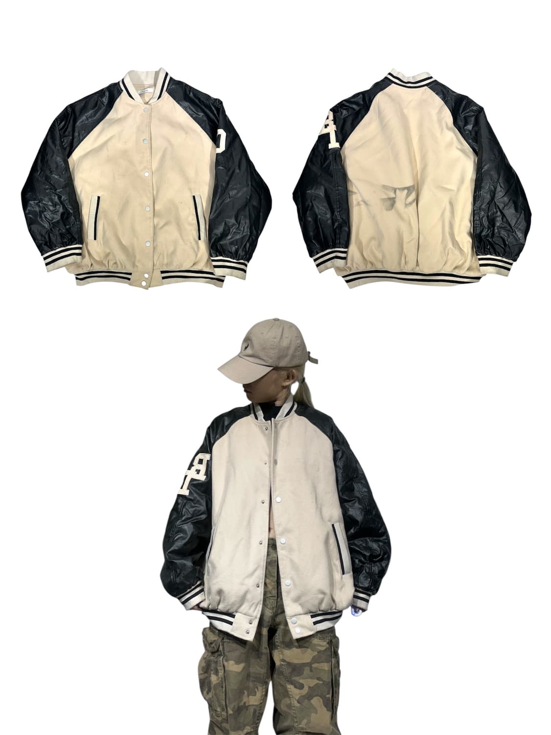 일본 빈티지 베이지 블랙 잠바 바시티 자켓 F  상품이미지1