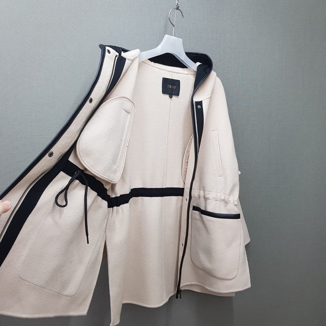 마쥬 MAJE 에크루 후드 배색 울 코트 0사이즈 상품이미지6