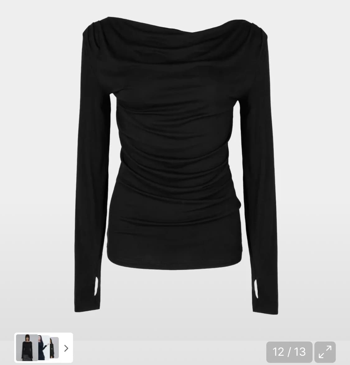 러프넥 드레이프 후드 롱 슬리브 탑 블랙 상품이미지1