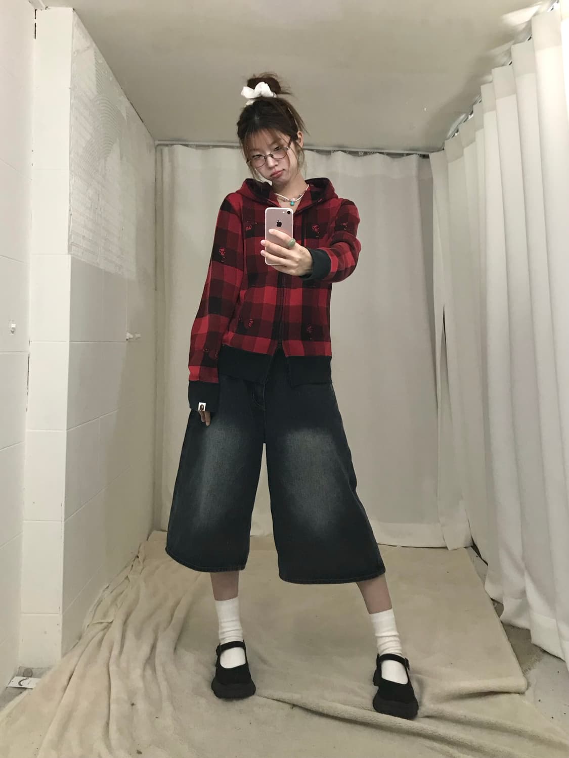 베이프 베이비 밀로 레드 체크 후드집업 상품이미지3