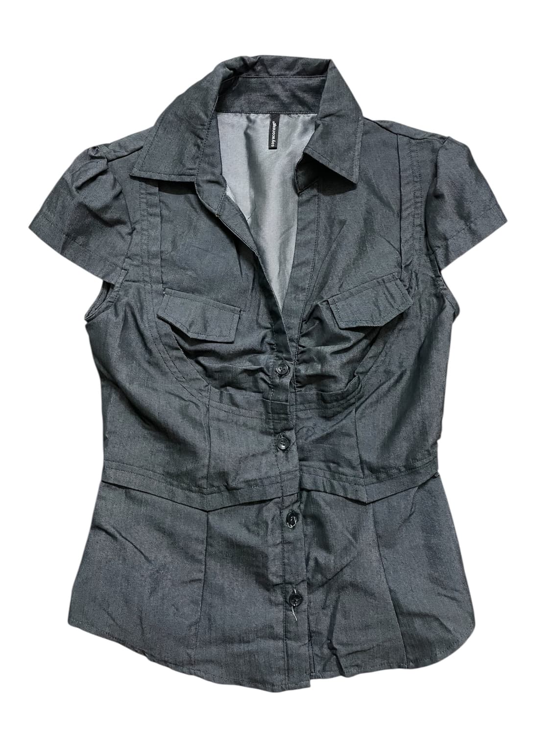 빈티지 셔링 포켓 슬림핏 레이어드 블라우스 오네갸루로걀탑베메클핀터깔00s 상품이미지5