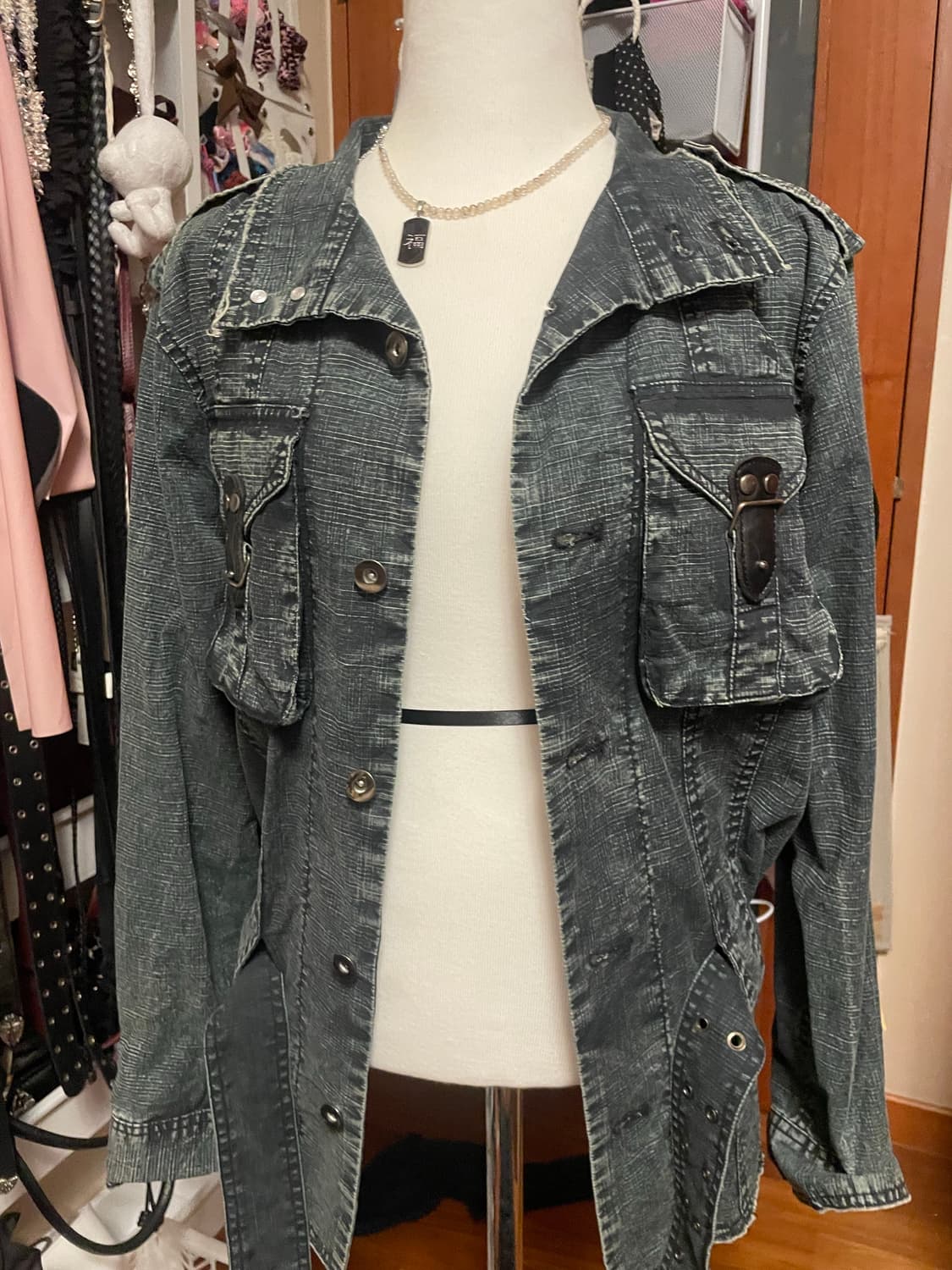 워싱 하이넥 벨트 데님 셔츠 자켓 상품이미지6