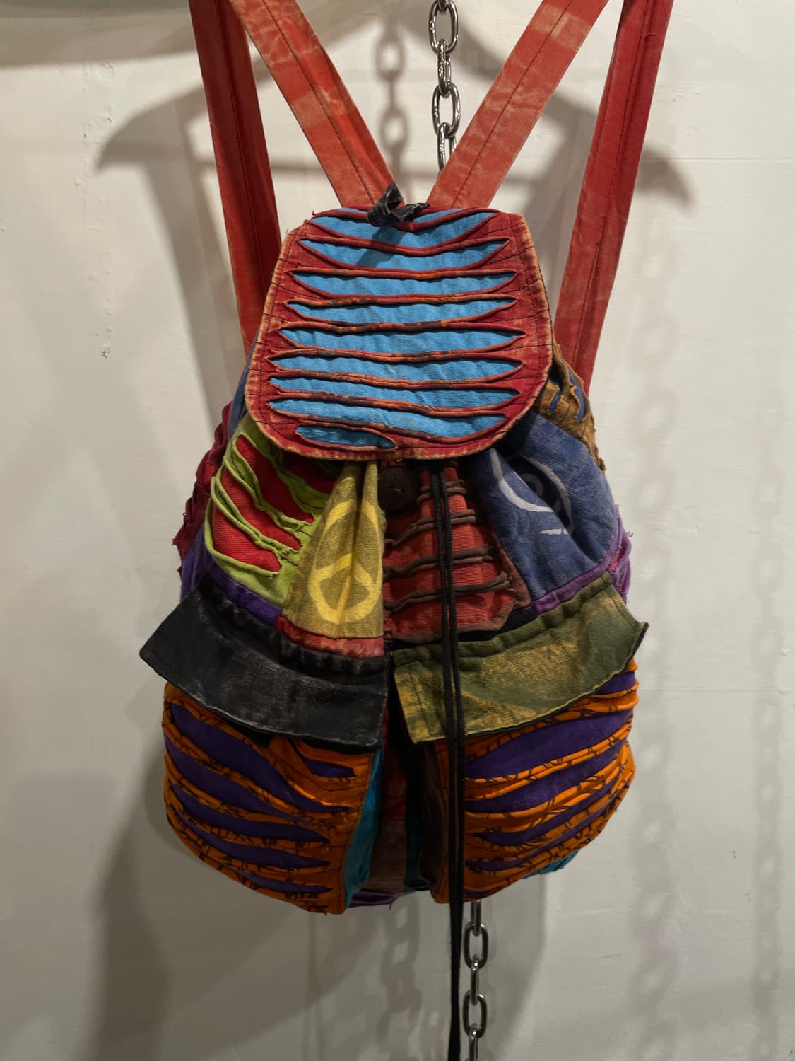 피스 다색 패치워크 그런지 워싱 나무단추 백팩 히피 모리 상품이미지2