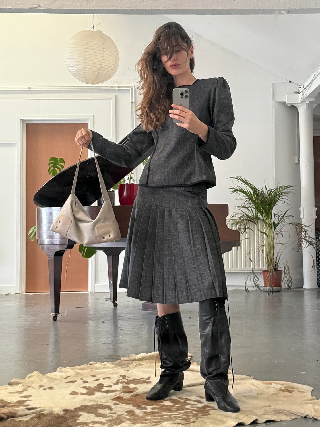 (34,36) 팔로마울 Plugin 울 미디 플리츠 스커트 / 그레이 상품이미지1