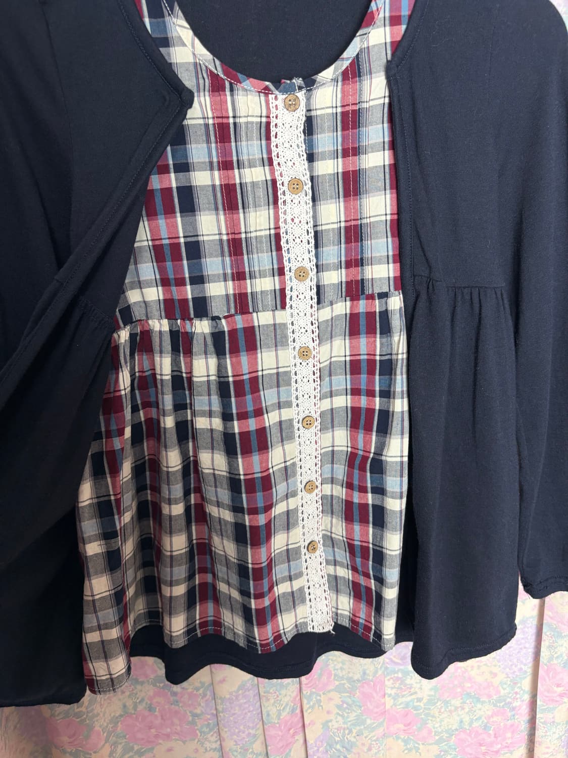 네이비 체크 레이어드 블라우스 상품이미지7