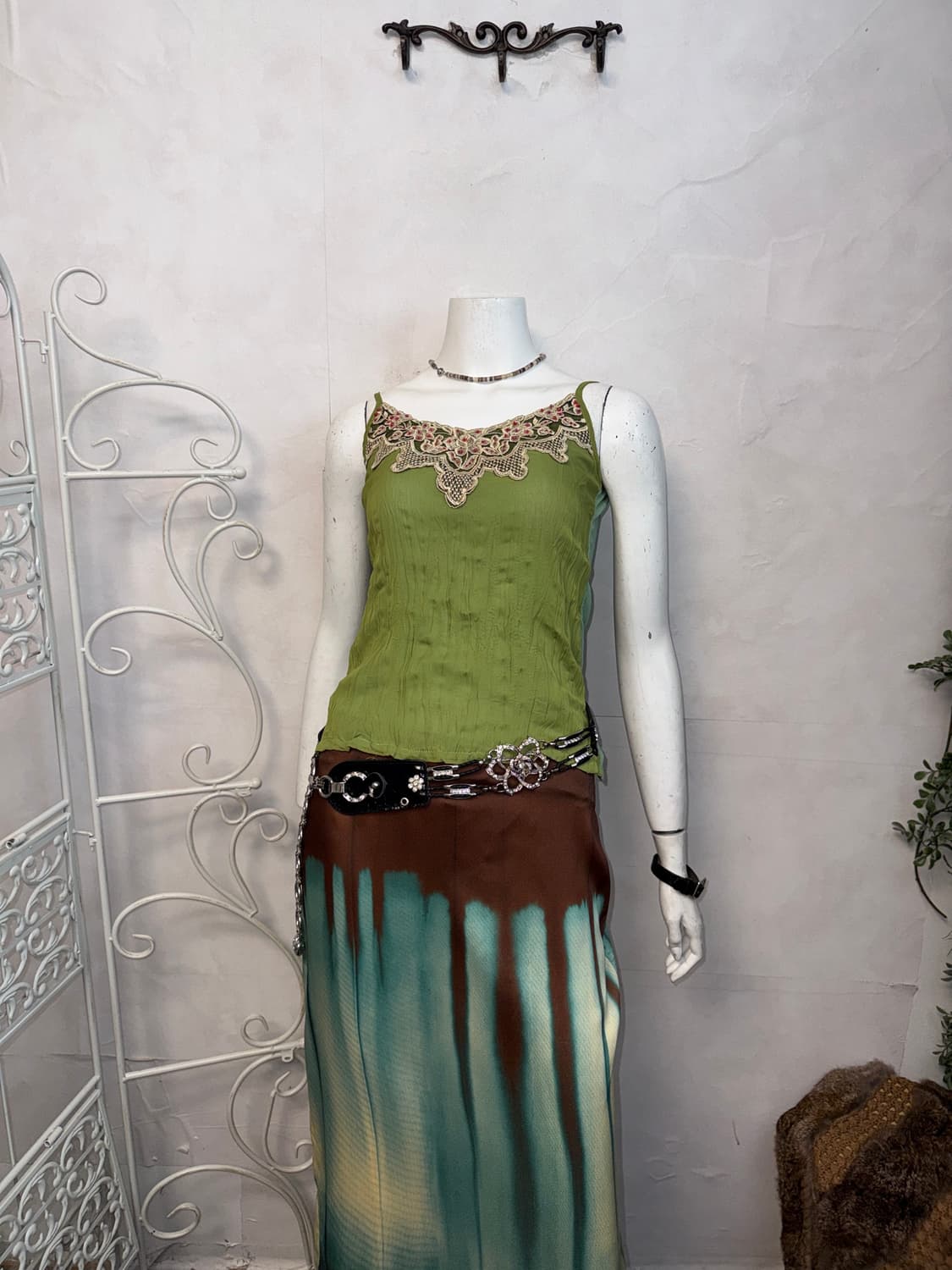 Green ethnic lace pleated sleeveless  상품이미지5