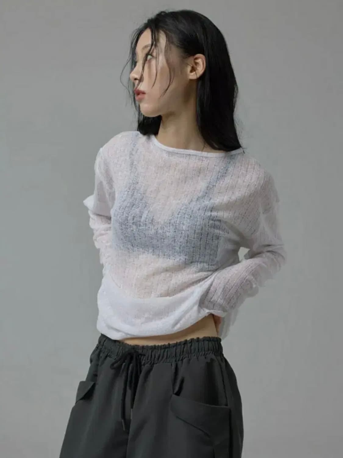 우화 SEE-THROUGH KNIT시스루 레이어드 티셔츠 화이트 상품이미지1
