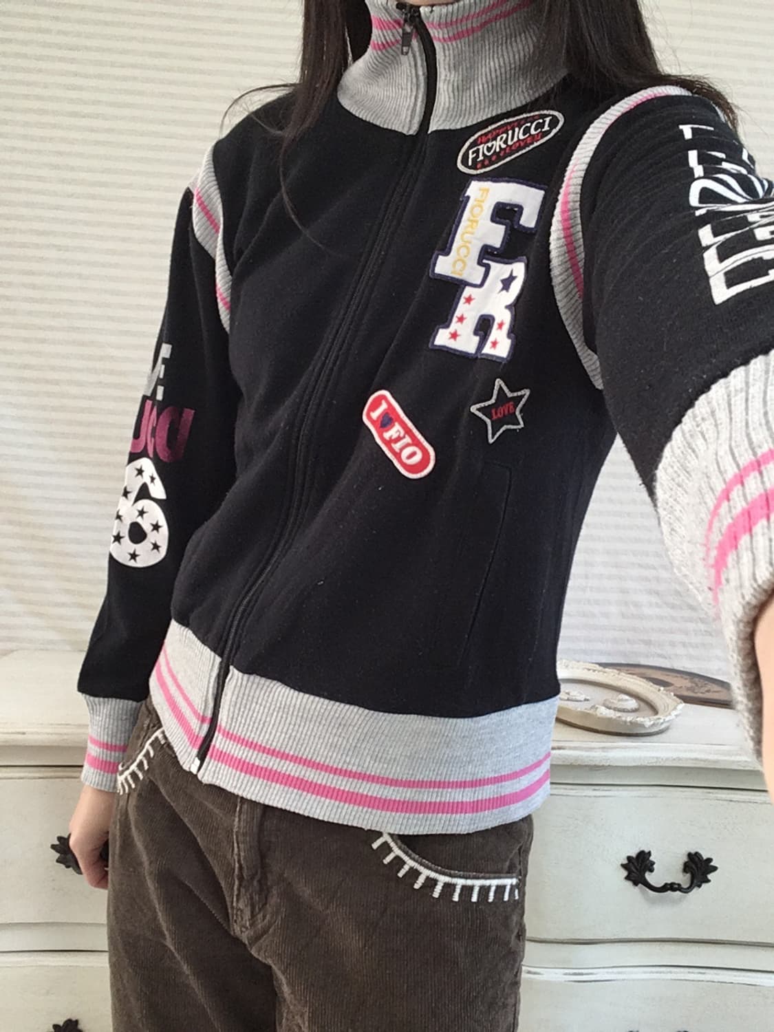 jpn vintage 블랙 와펜 핑크 스트라이프 디테일 집업 y2k 스트 상품이미지3