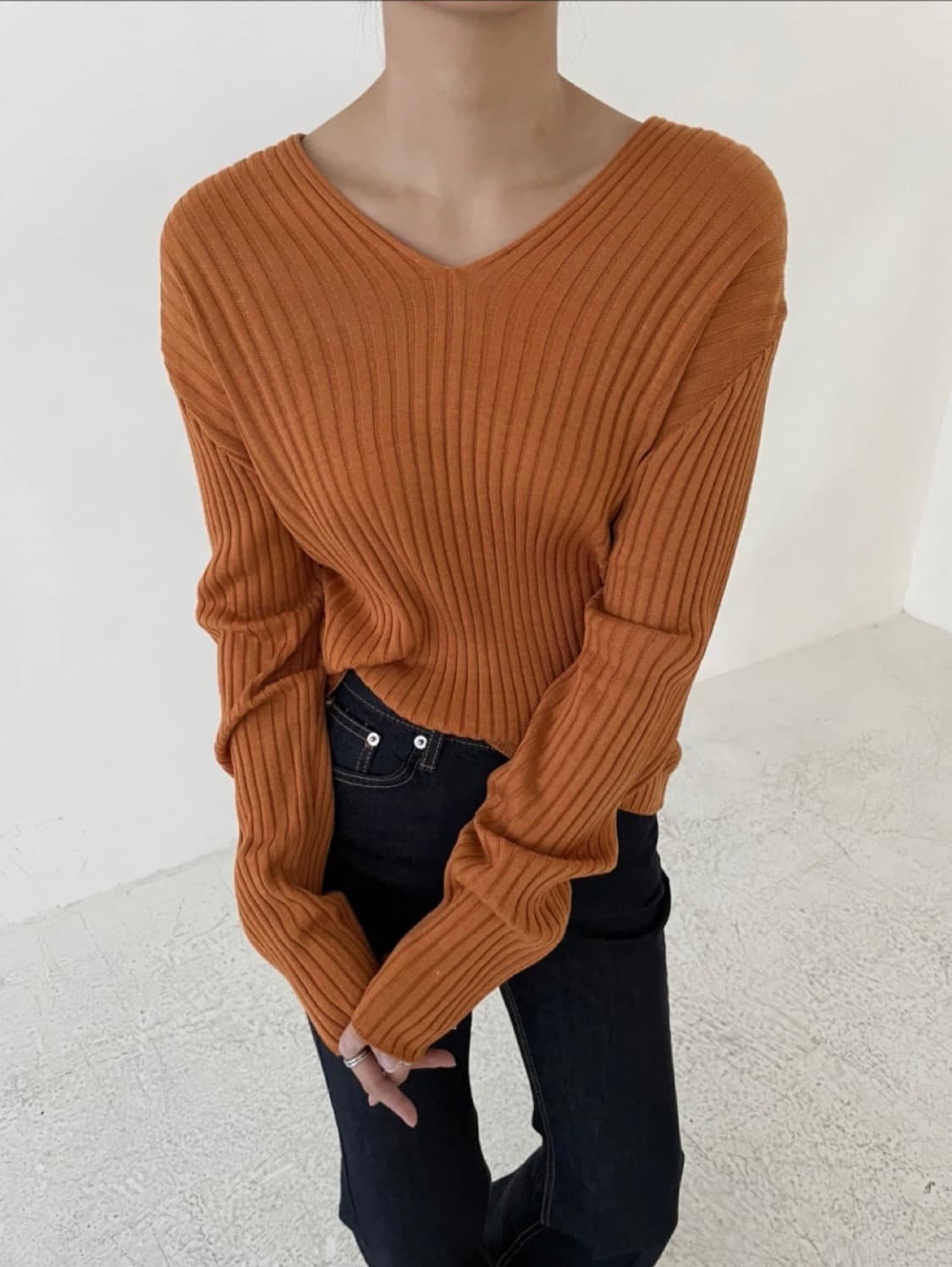오렌지 브이넥 골지 니트 상품이미지2