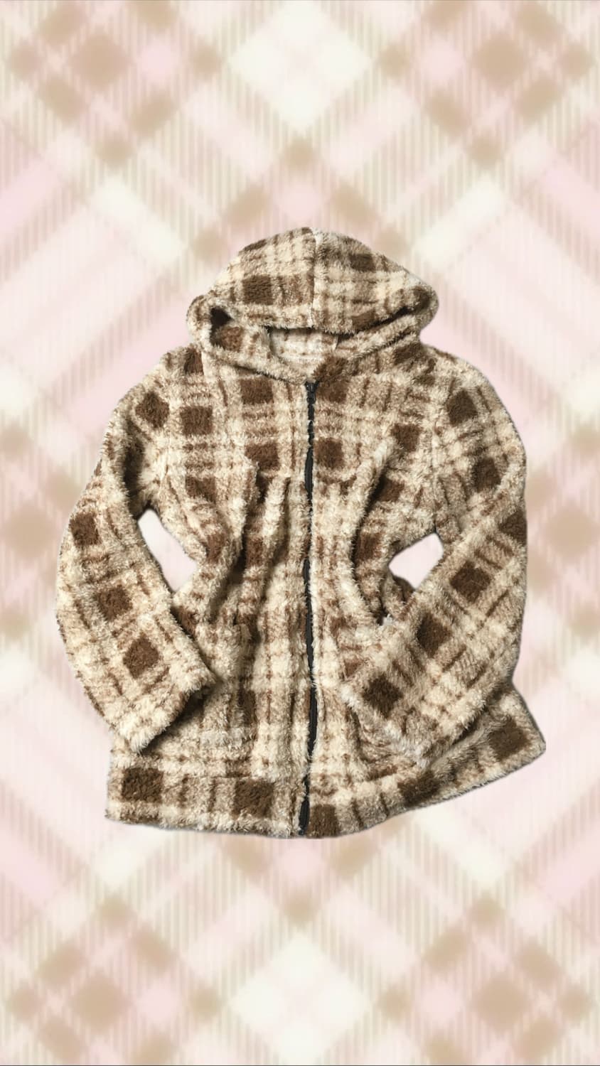 브라운 체크 후드집업 라떼 뽀글이 갸루 히메 러블리 로걀 빈티지 상품이미지1