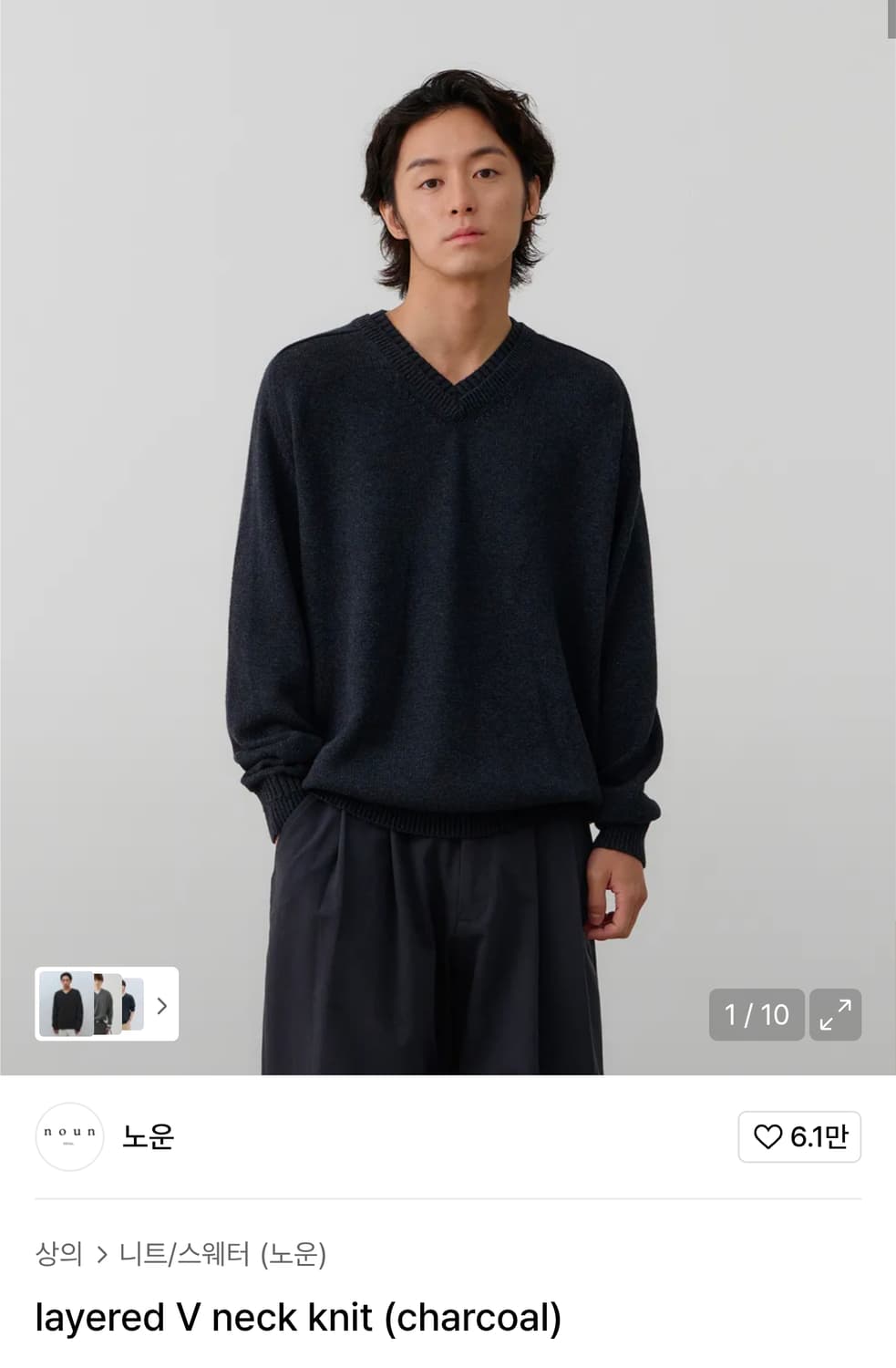 노운 레이어드 브이넥 니트 차콜 2사이즈 (실착1회) 상품이미지1