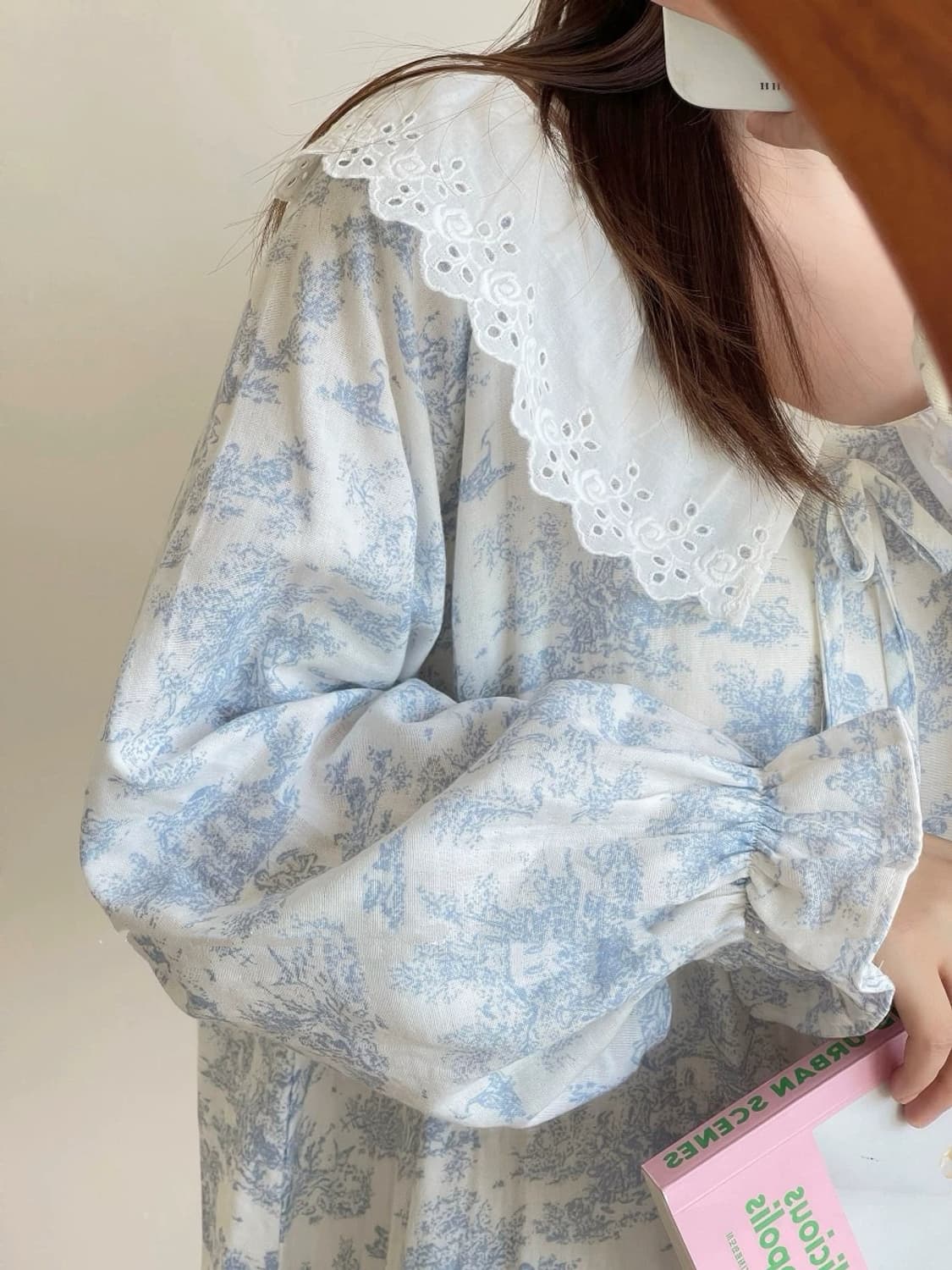 누아젤 프렌치 명화 패턴 파자마 원피스-블루 상품이미지1