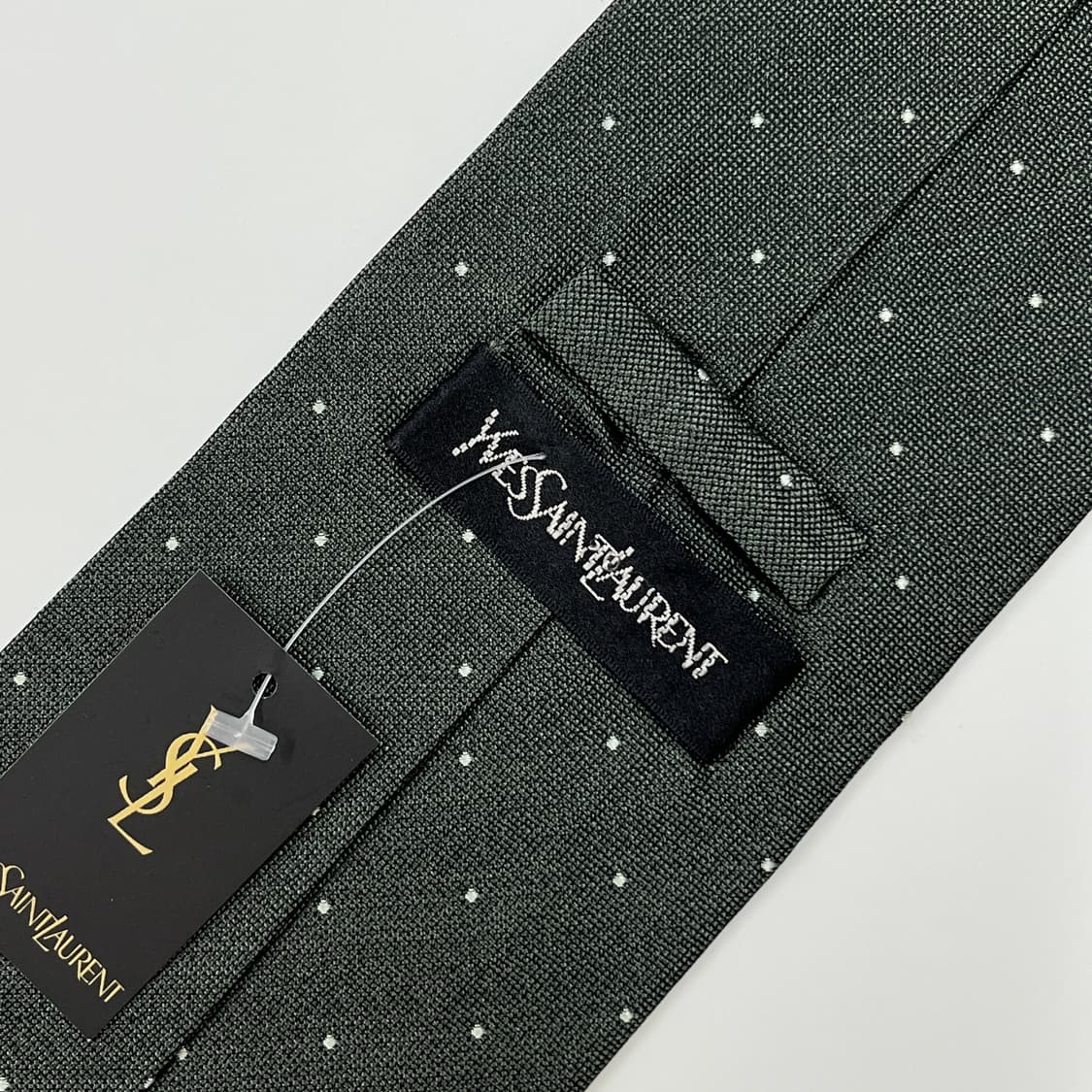 정품 명품 입생로랑 넥타이 9.5cm 카키 컬러 도트 상품이미지5