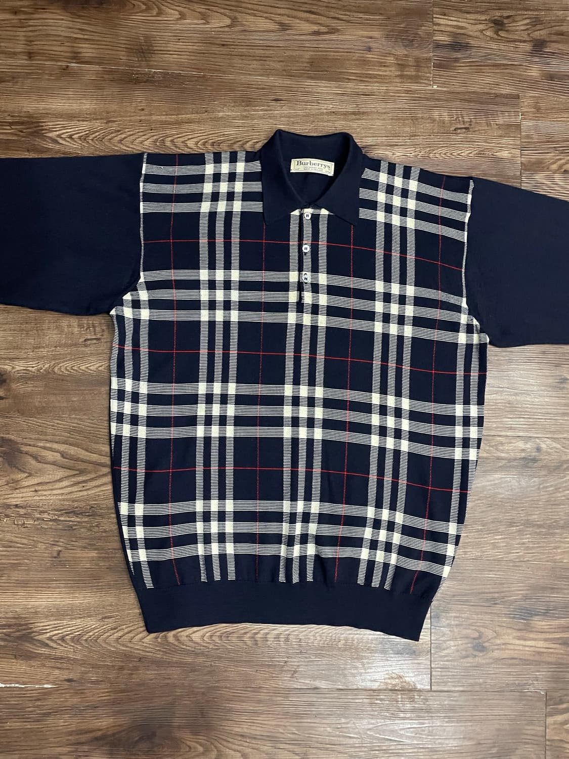 버버리 90s 노바체크 메리노울 카라넥 니트 네이비 상품이미지1