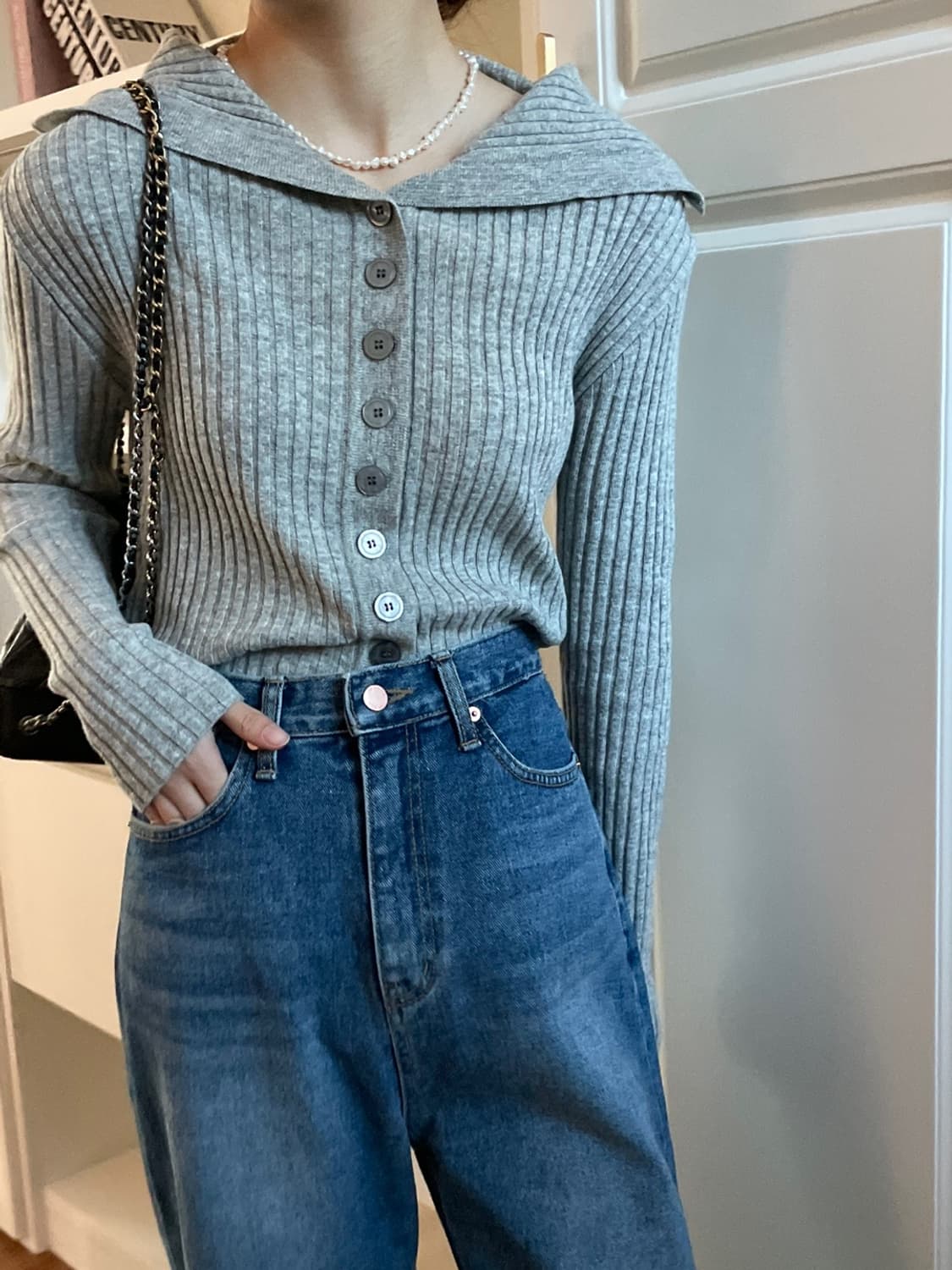 메리경 버튼 골지 니트 가디건 그레이 상품이미지5