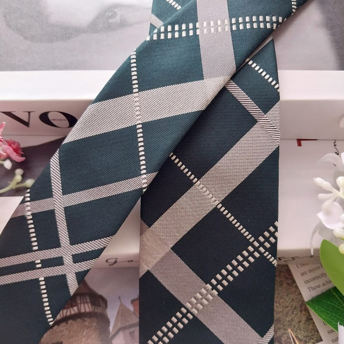 빈폴 실크 그린 체크 패턴 넥타이 6.7cm A+등급 K2327 상품이미지3