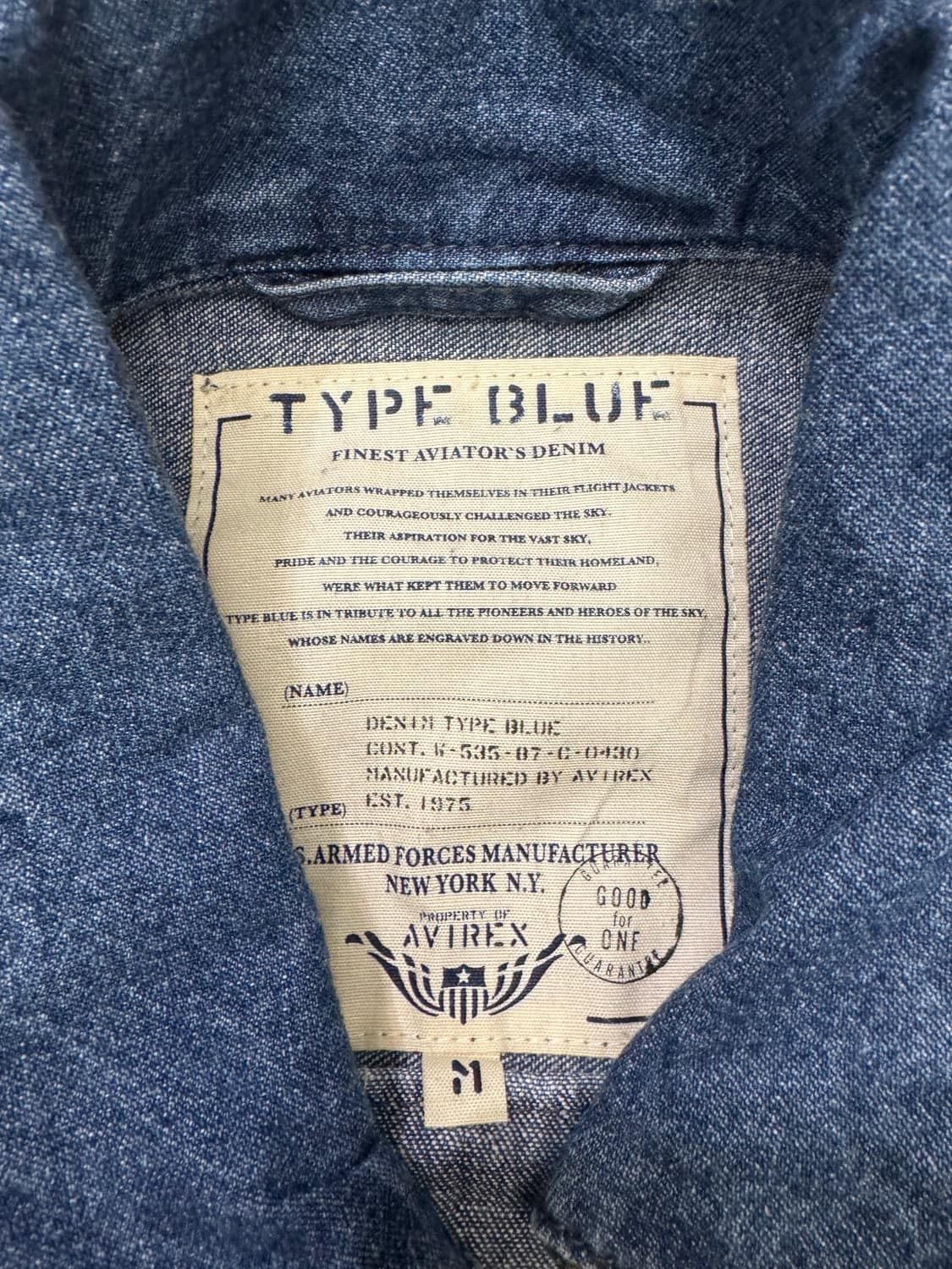 M)AVIREX USA 빈티지 TYPE BLUE 데님 집업 자켓 상품이미지4