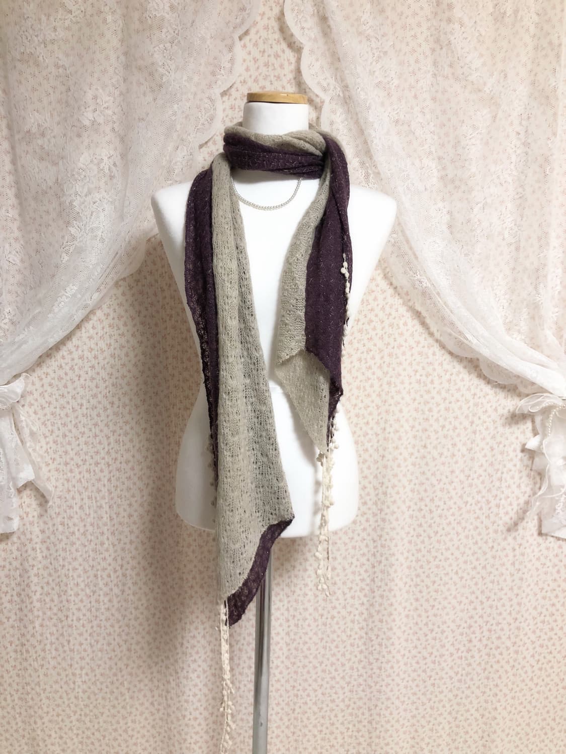 빈티지 모리걸 퍼플그레이 배색 스카프 상품이미지1