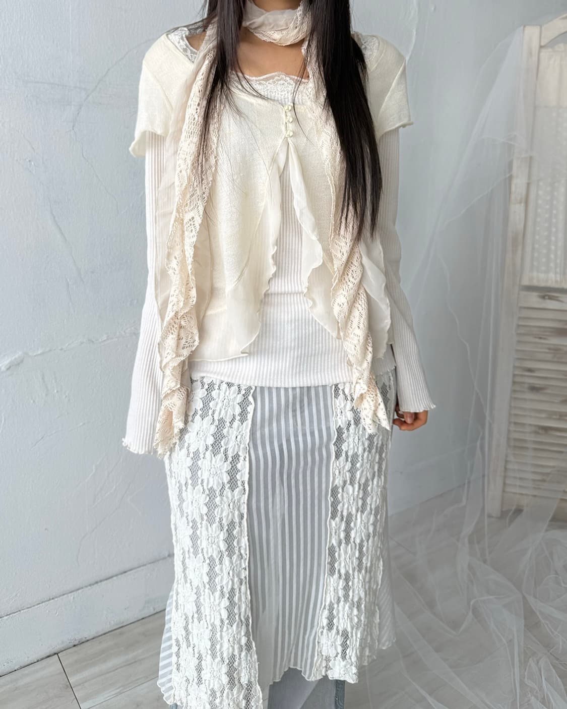 Light Beige Fairy Crochet Shirred Scarf 상품이미지4