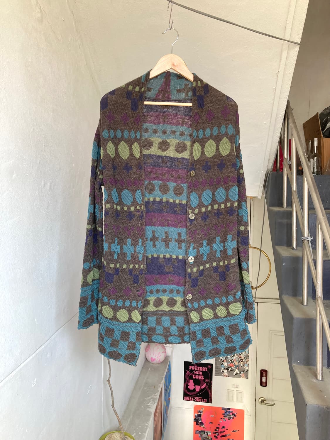 하구미 패턴 니트 롱 레이어드 가디건 상품이미지1