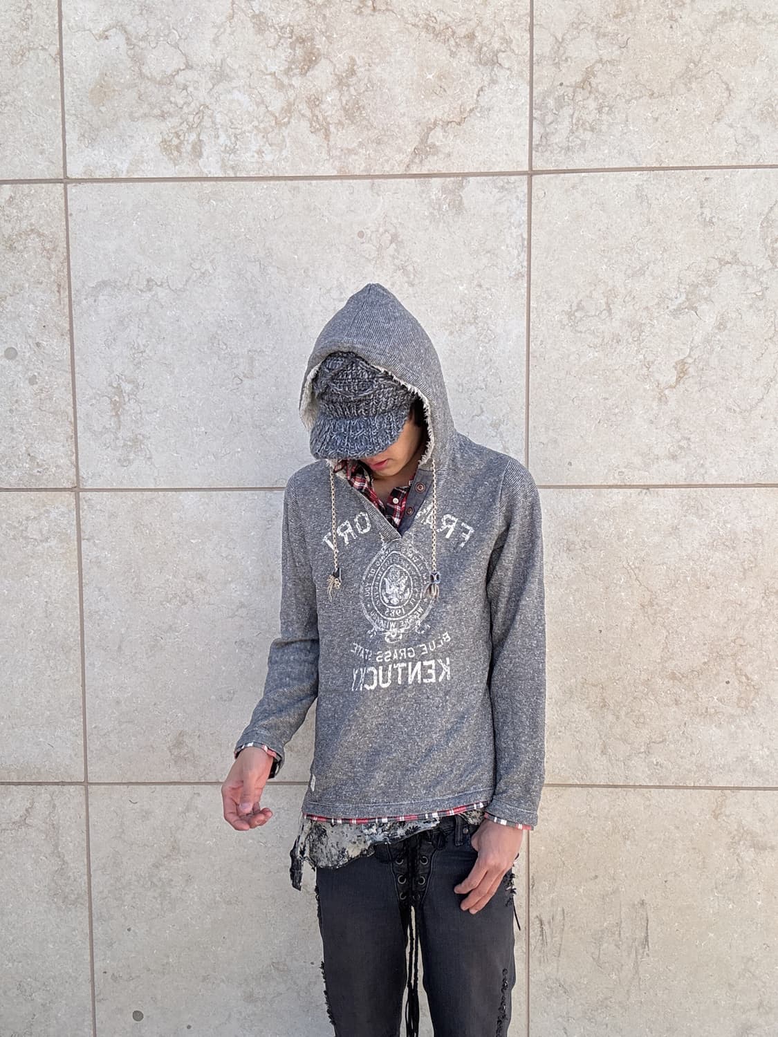 y2k Print Check Layered Hoodie Sleeve 상품이미지2