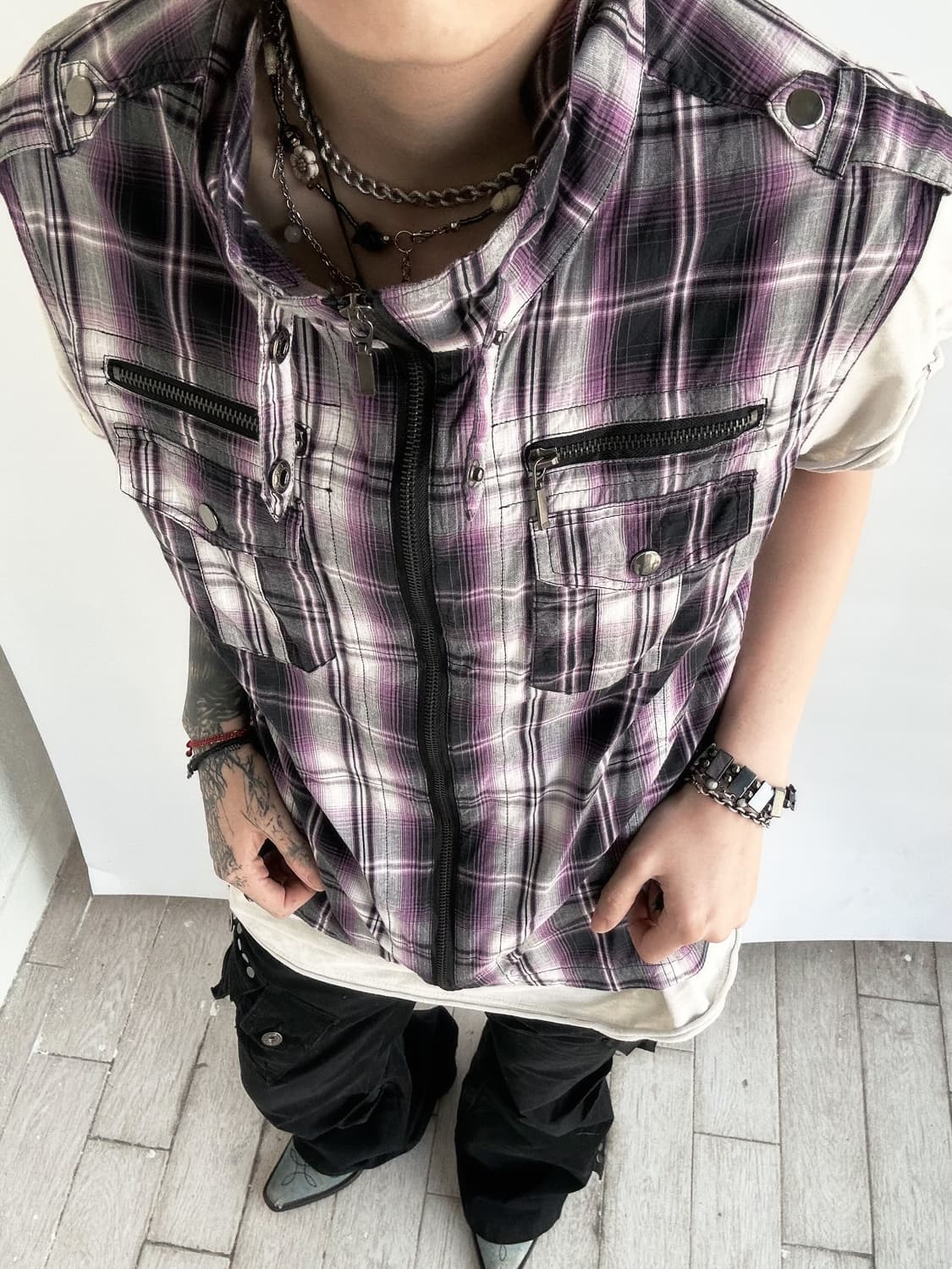 purple x black check pattern punk ve 상품이미지1