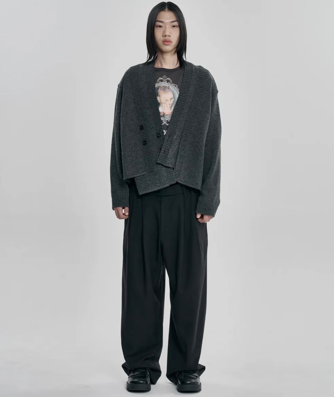 아조바이아조 Double Layered Cardigan[CHARCOAL] 상품이미지4