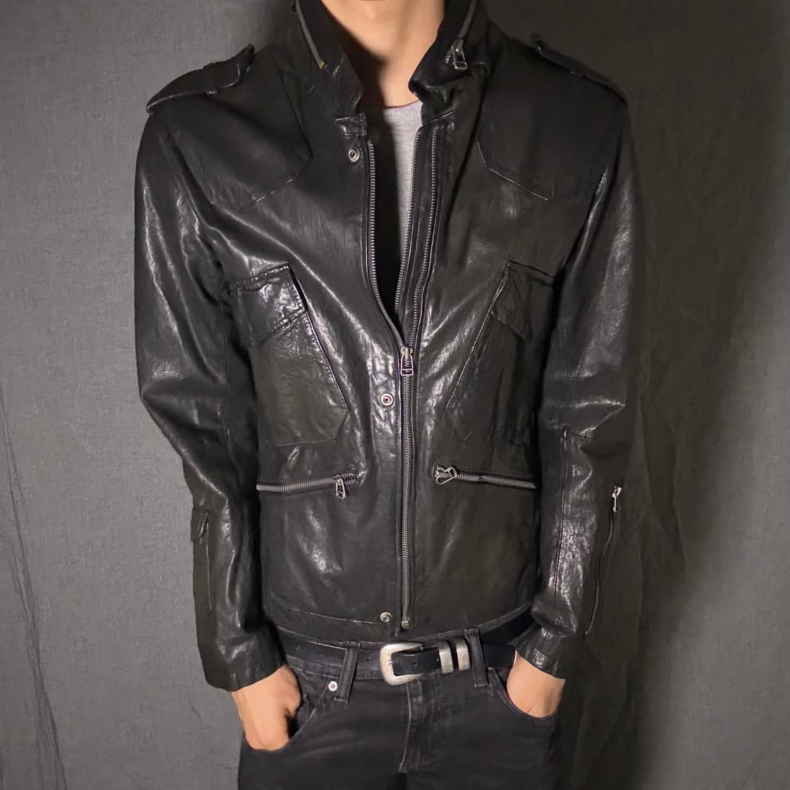 double zip-up lamb skin leather jacket 상품이미지5