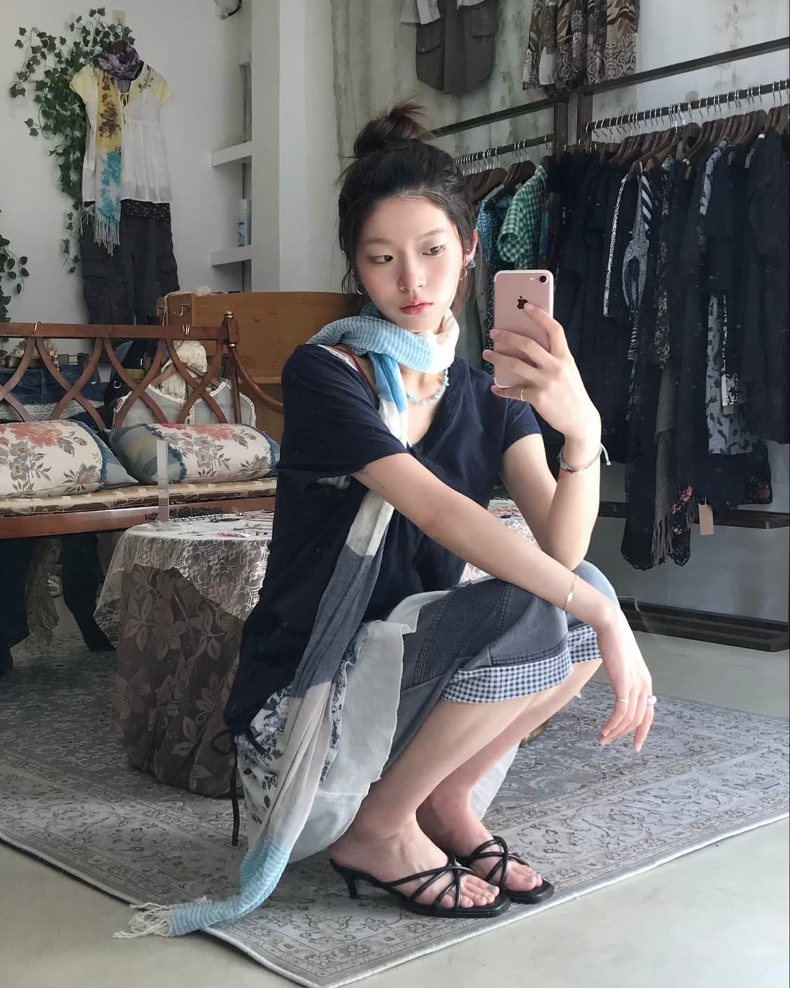 빈티지 데일리 무채색 블루 하구미 데님 카프리 코디 세트 상품이미지2