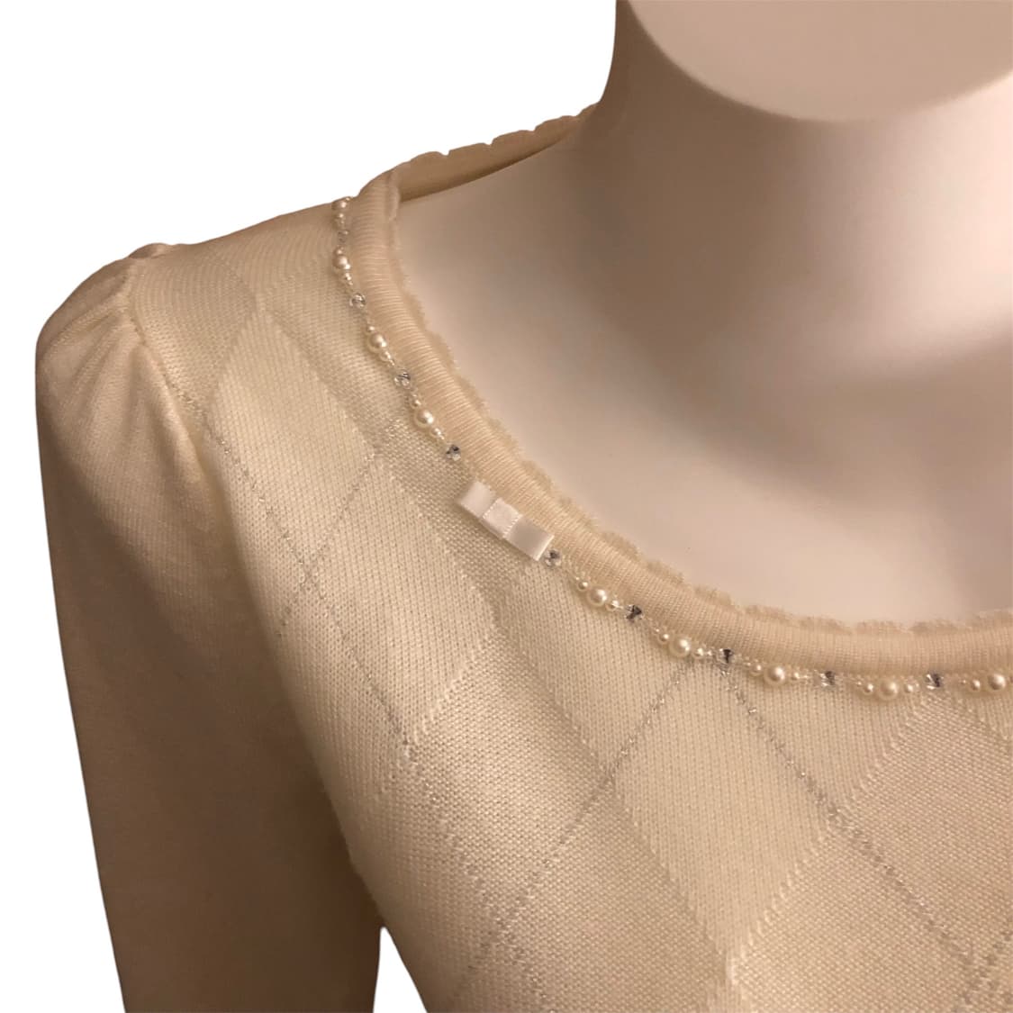 비즈 진주 리본 디테일 백 포인트 글리터 아가일 니트 상품이미지4