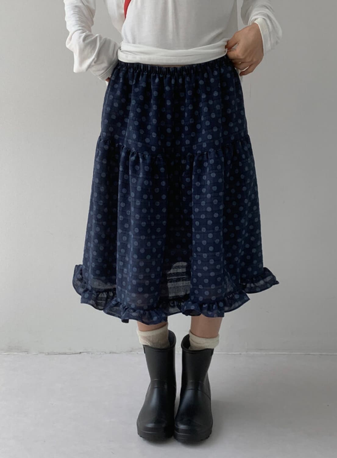 도트 땡땡이 프릴 미디 스커트 레이어드 빈티지 네이비 상품이미지1