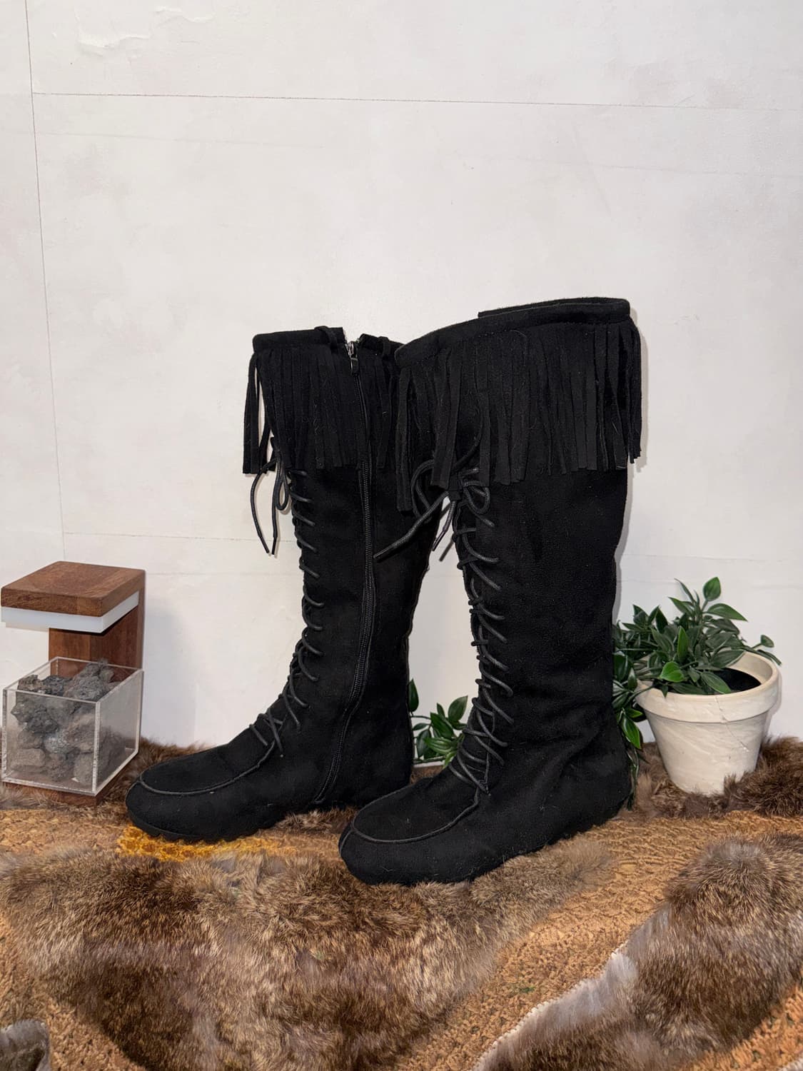 Black western suede fringe laceup boots 상품이미지2